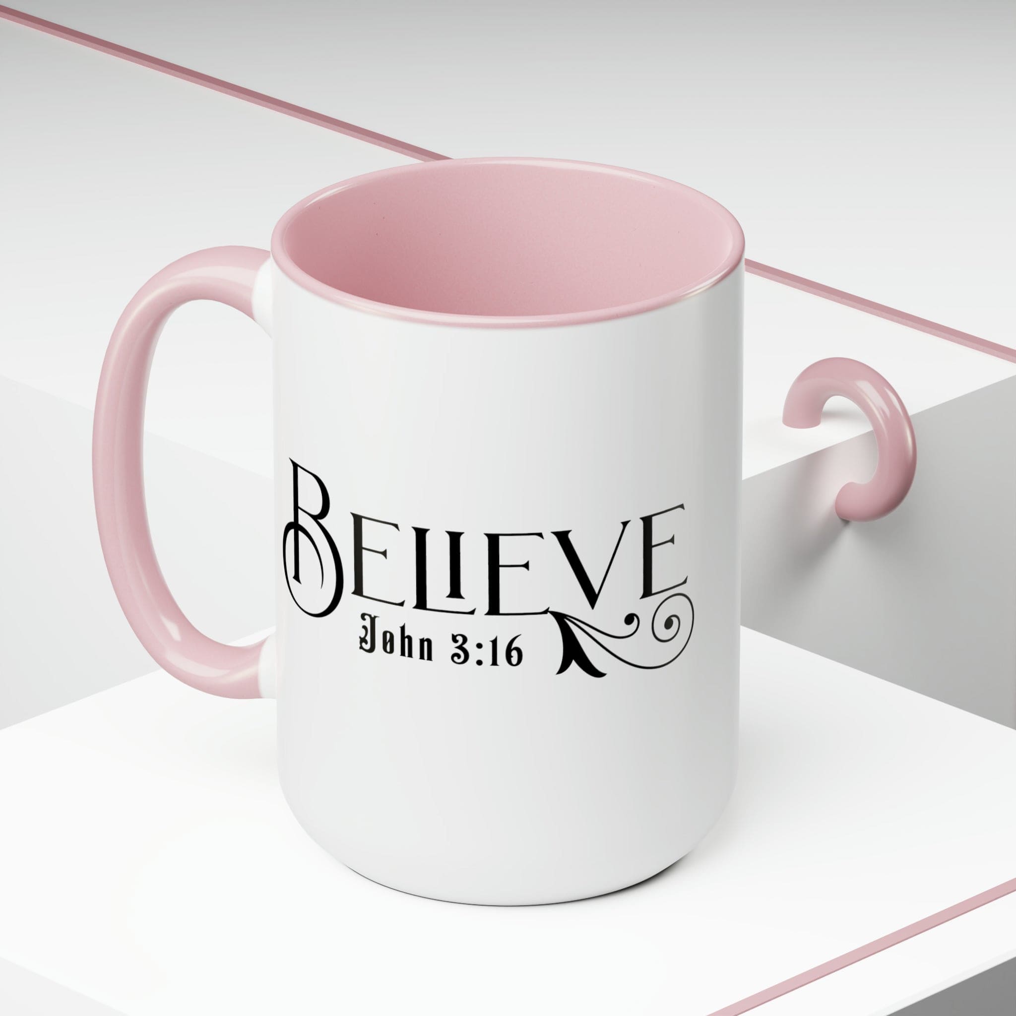 Accent Ceramic Coffee Mug 15oz featuring Believe John 3:16 black illustration, with a white exterior and colored interior.