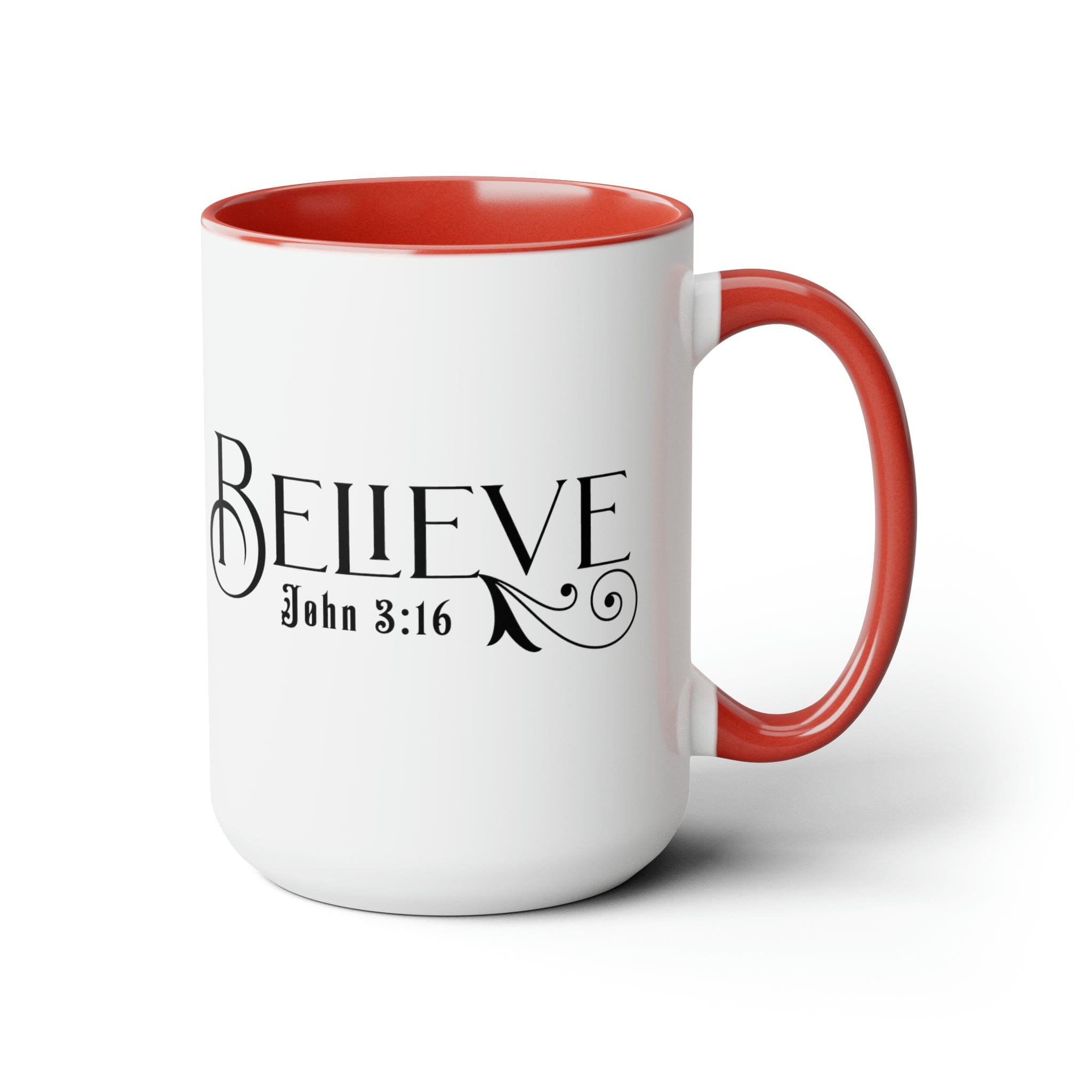 Accent Ceramic Coffee Mug 15oz featuring Believe John 3:16 black illustration, with a white exterior and colored interior.