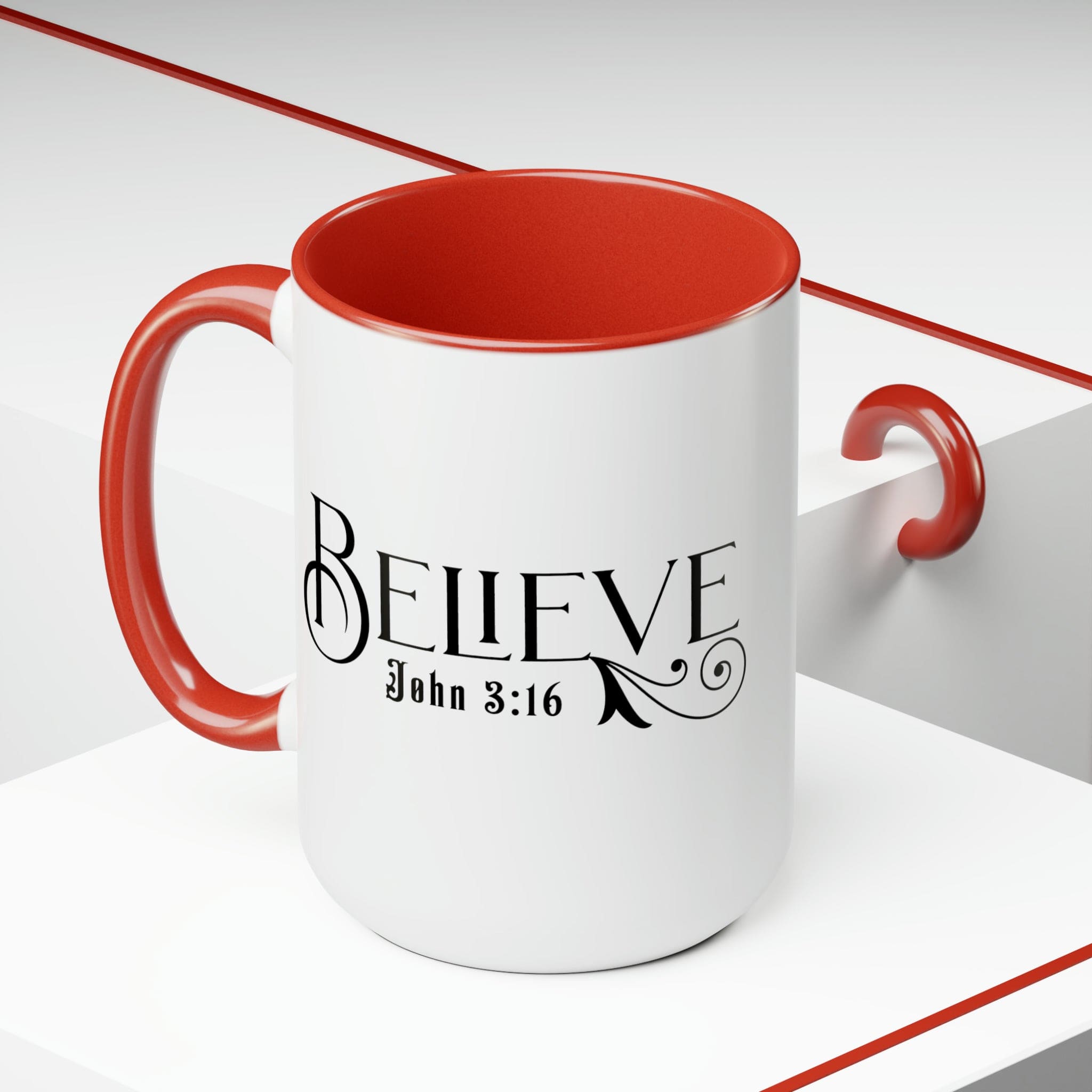 Accent Ceramic Coffee Mug 15oz featuring Believe John 3:16 black illustration, with a white exterior and colored interior.