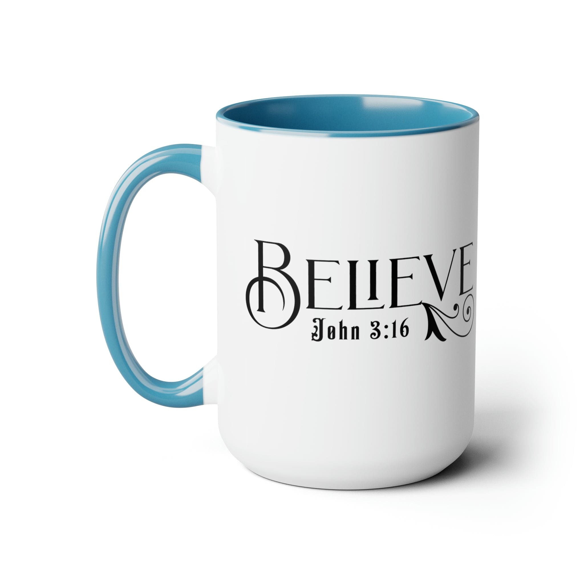 Accent Ceramic Coffee Mug 15oz featuring Believe John 3:16 black illustration, with a white exterior and colored interior.