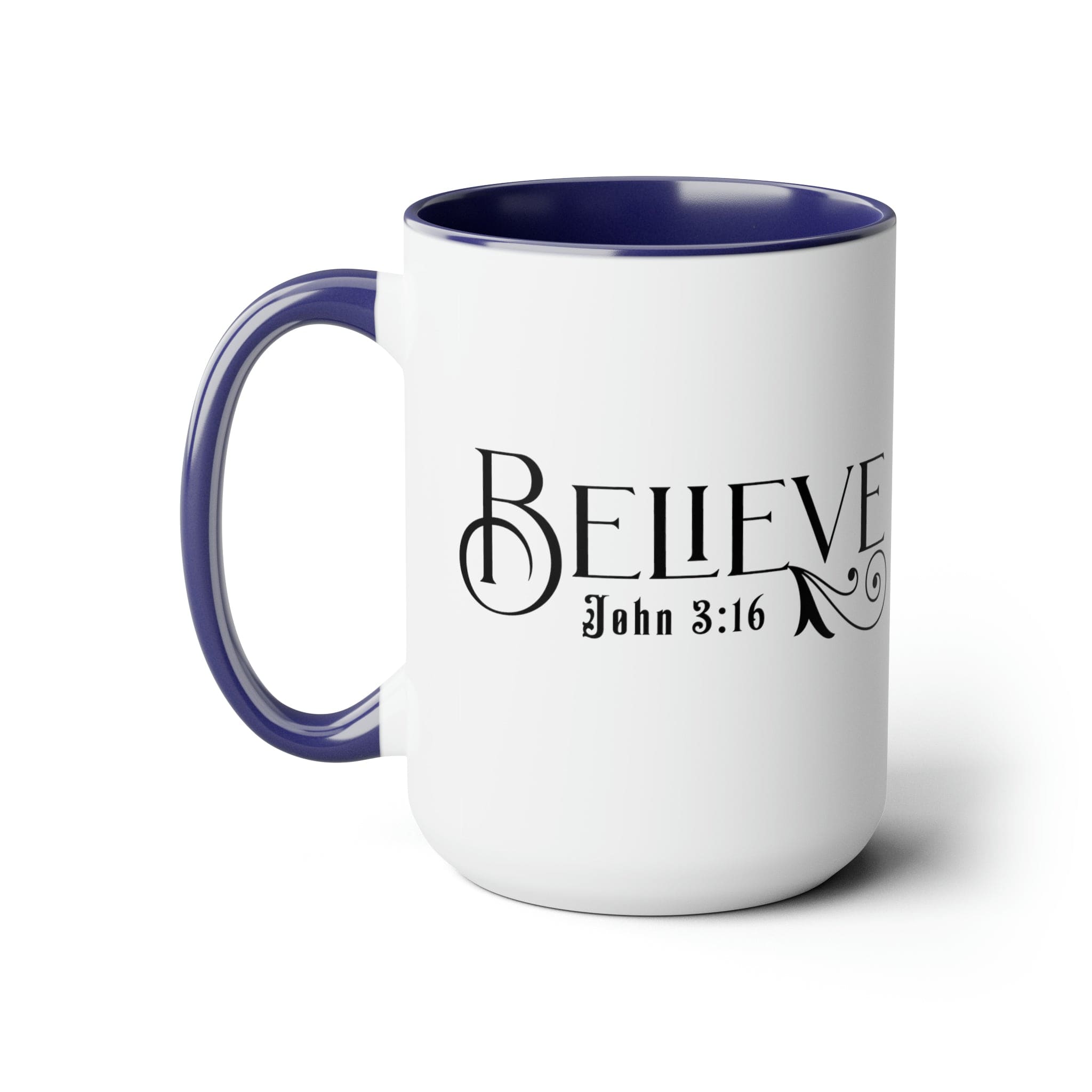 Accent Ceramic Coffee Mug 15oz featuring Believe John 3:16 black illustration, with a white exterior and colored interior.