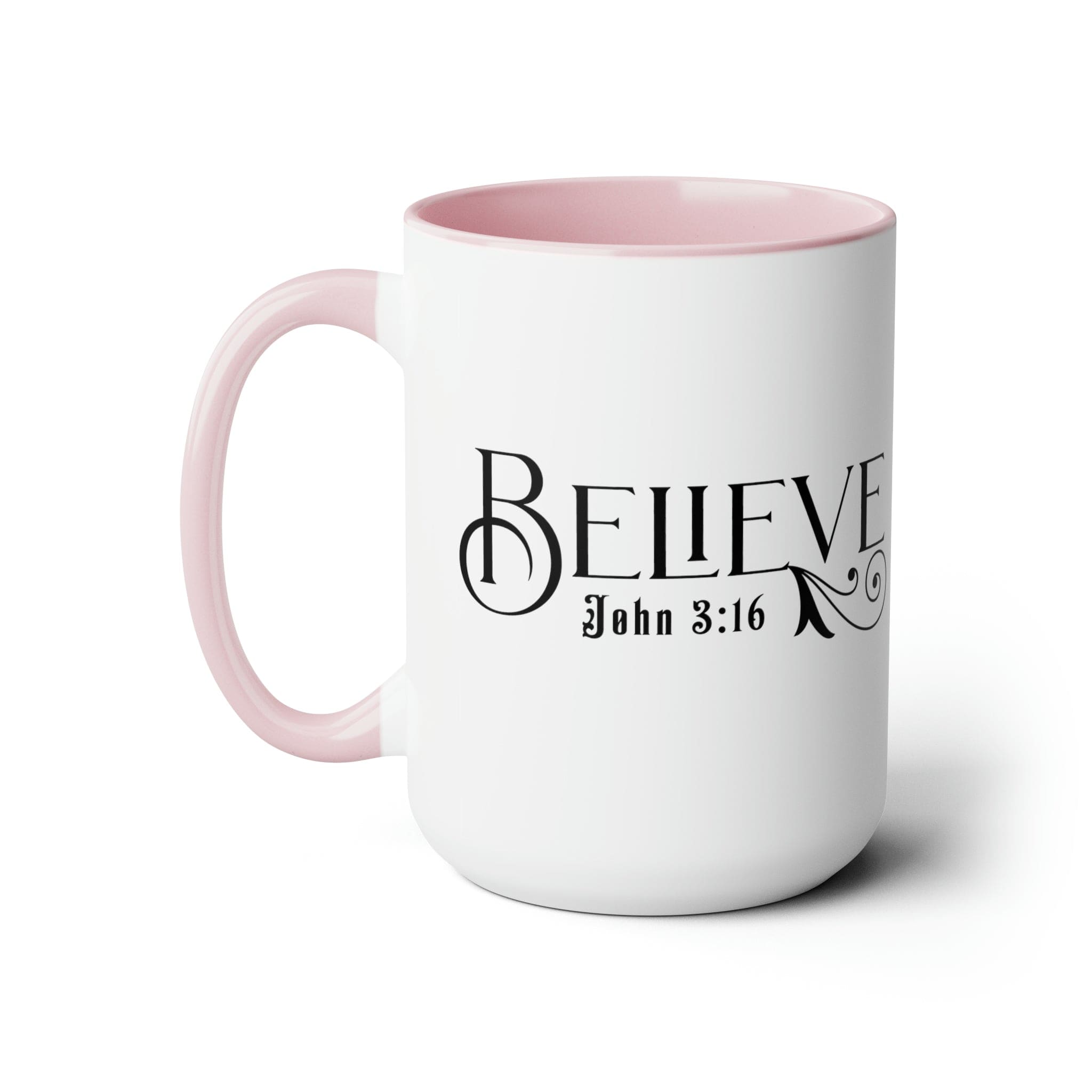 Accent Ceramic Coffee Mug 15oz featuring Believe John 3:16 black illustration, with a white exterior and colored interior.