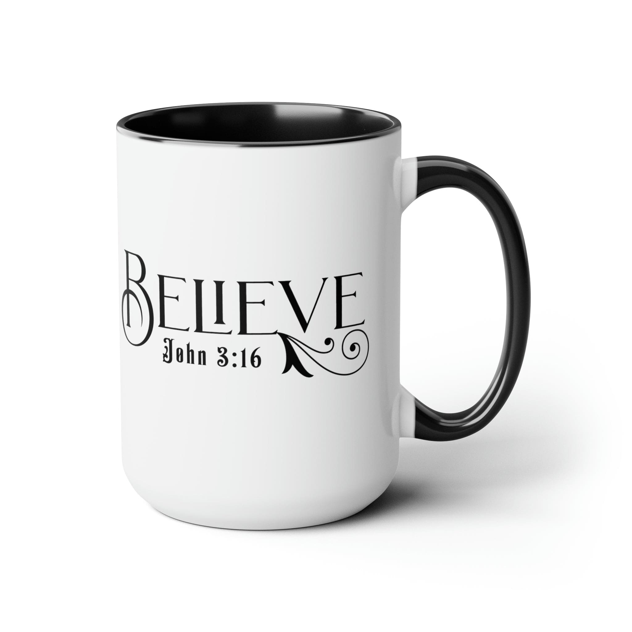 Accent Ceramic Coffee Mug 15oz featuring Believe John 3:16 black illustration, with a white exterior and colored interior.