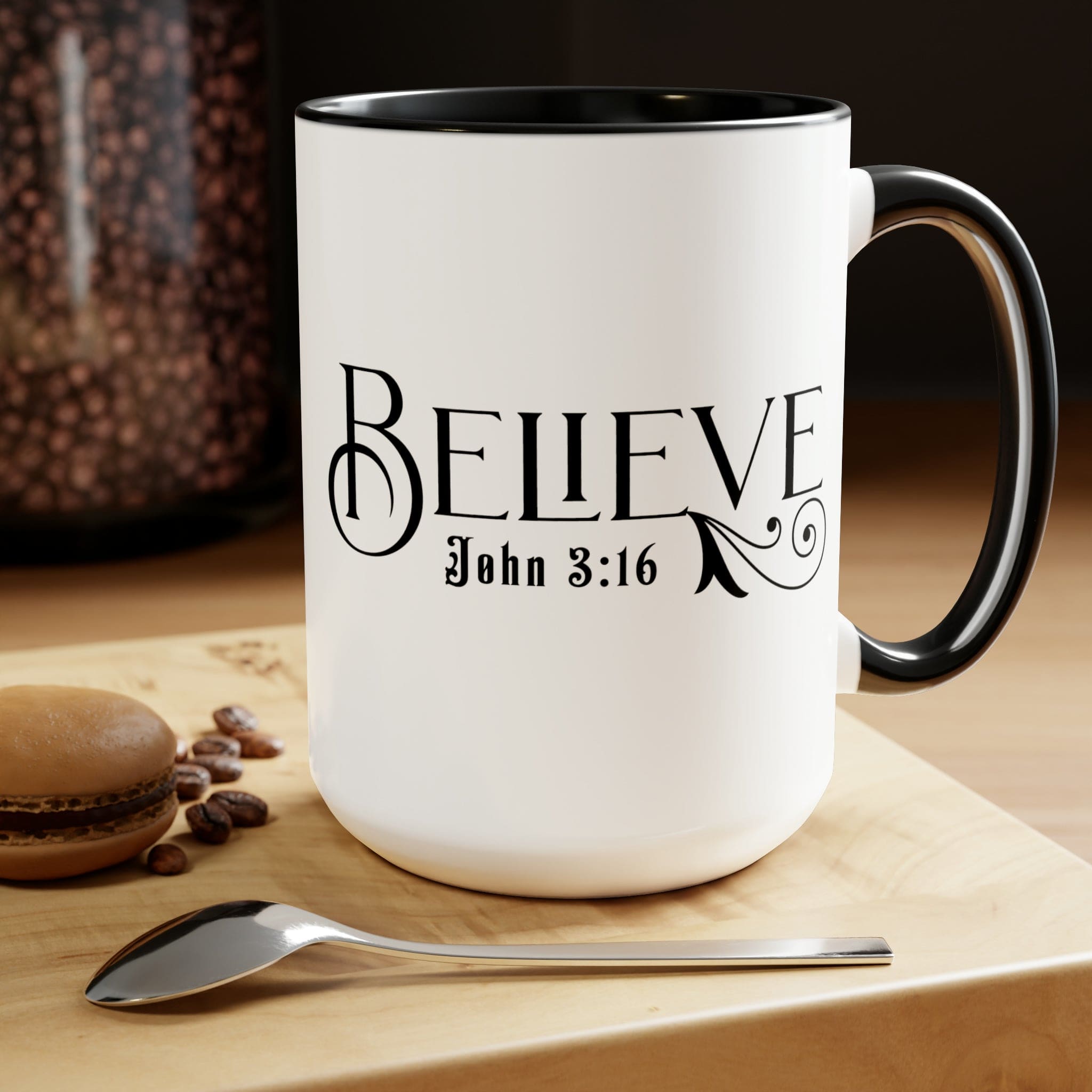 Accent Ceramic Coffee Mug 15oz featuring Believe John 3:16 black illustration, with a white exterior and colored interior.