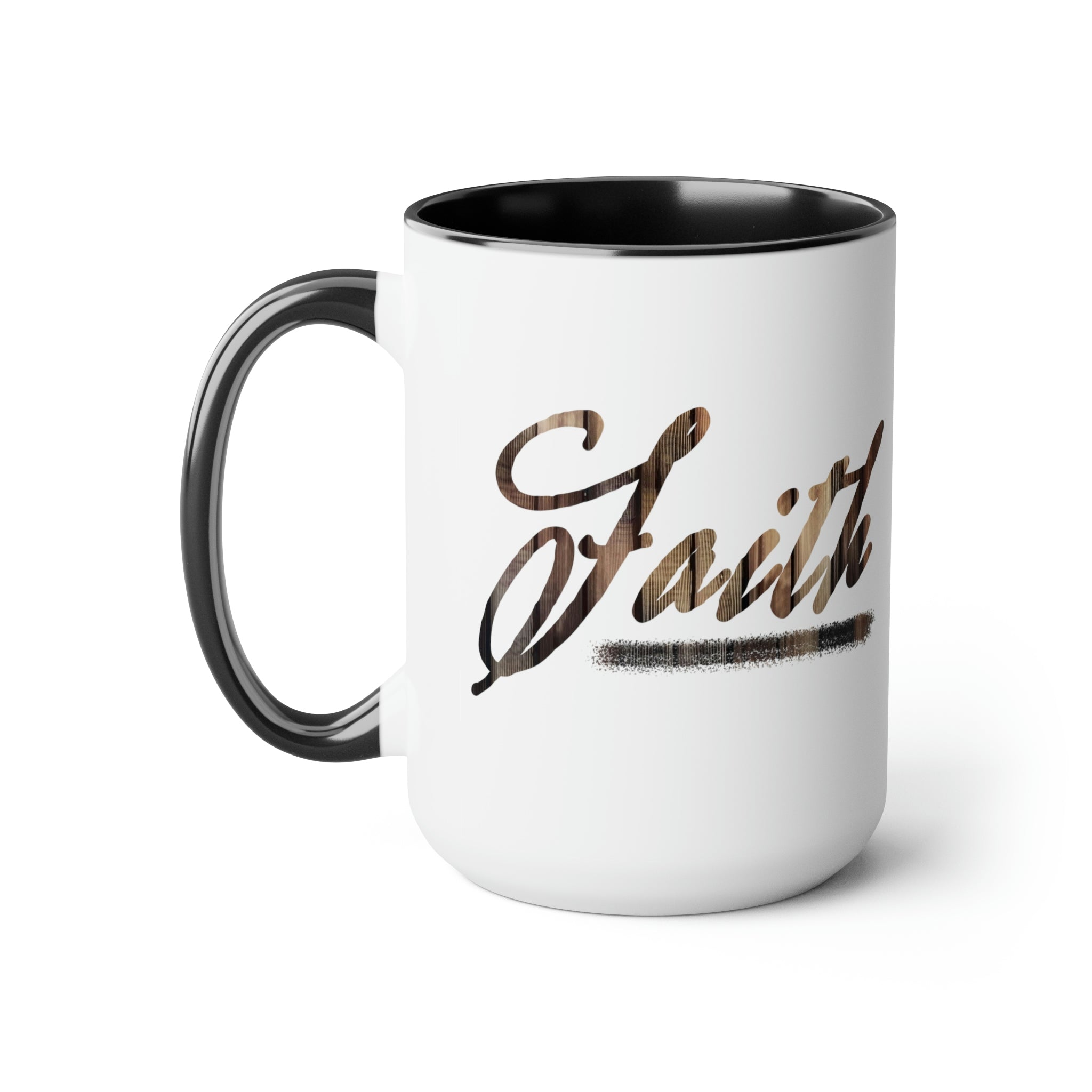 Accent Ceramic Coffee Mug 15oz with Faith Brown wood grain print, featuring a glossy finish and colored handle.