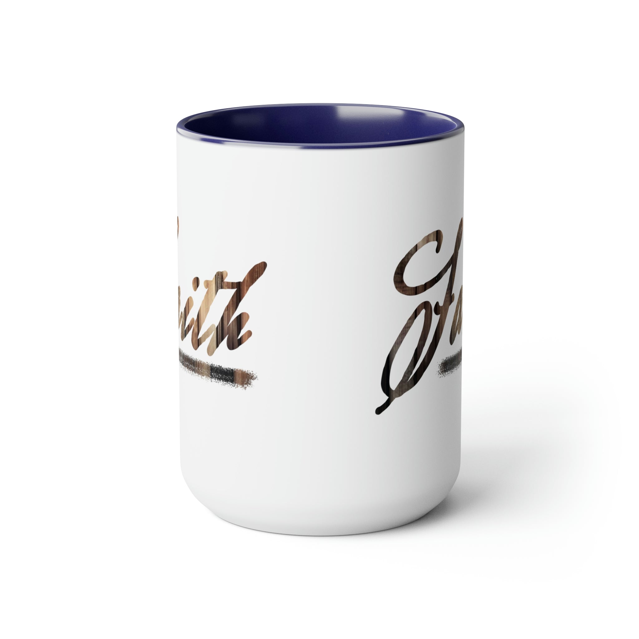 Accent Ceramic Coffee Mug 15oz with Faith Brown wood grain print, featuring a glossy finish and colored handle.