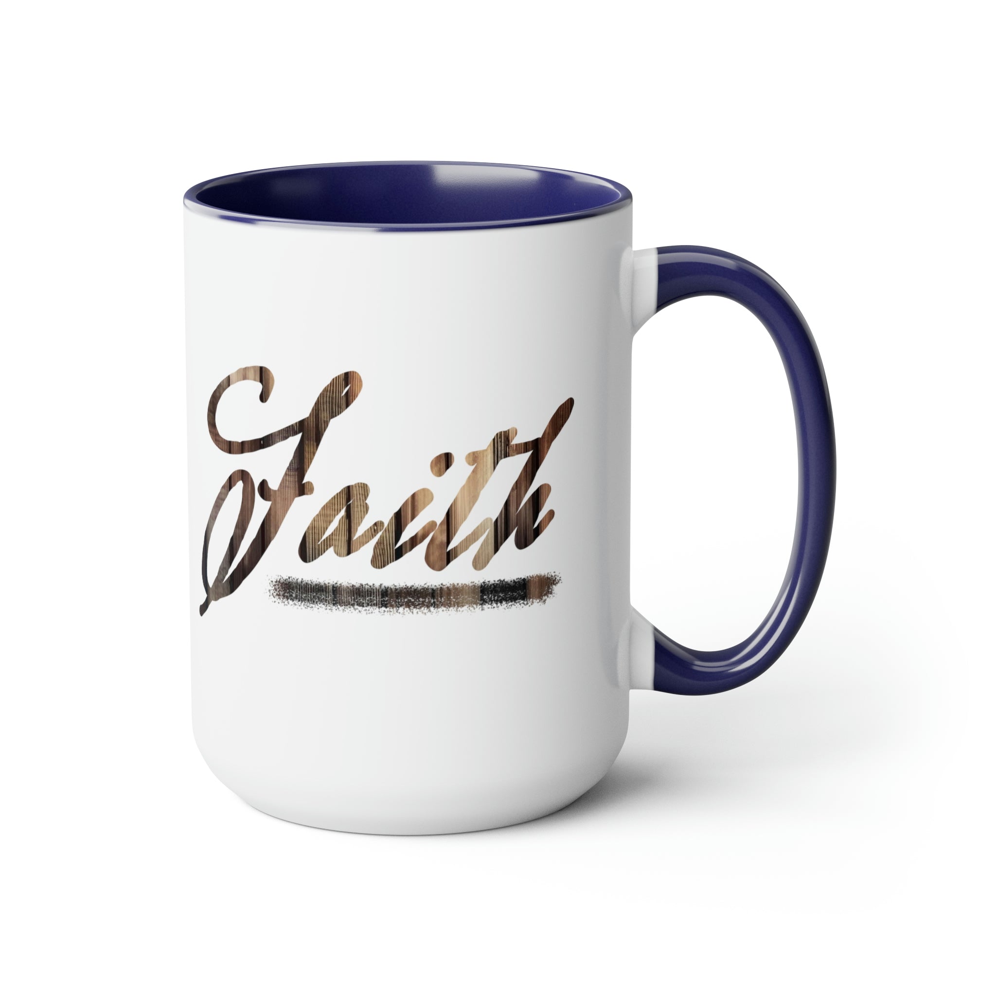 Accent Ceramic Coffee Mug 15oz with Faith Brown wood grain print, featuring a glossy finish and colored handle.