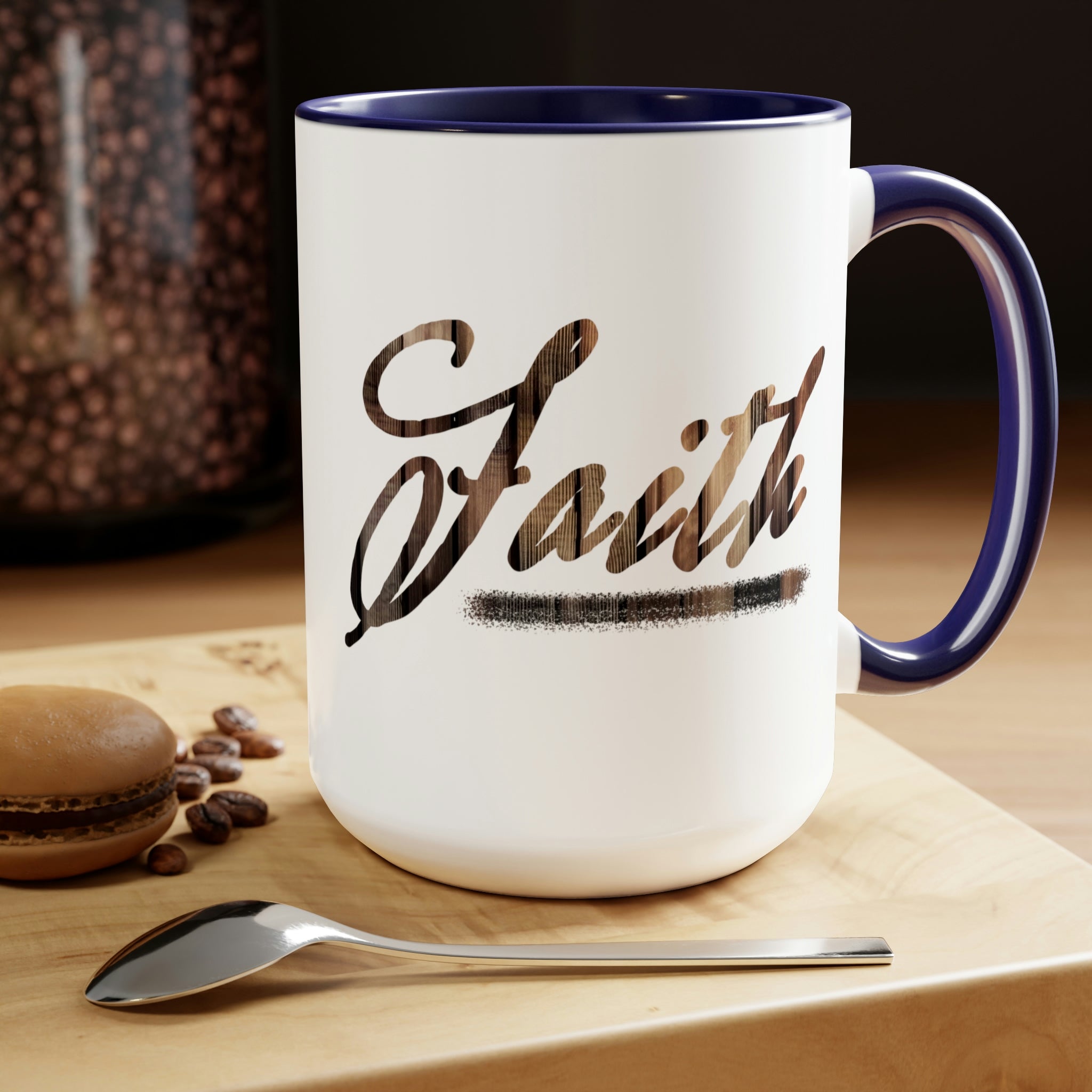 Accent Ceramic Coffee Mug 15oz with Faith Brown wood grain print, featuring a glossy finish and colored handle.