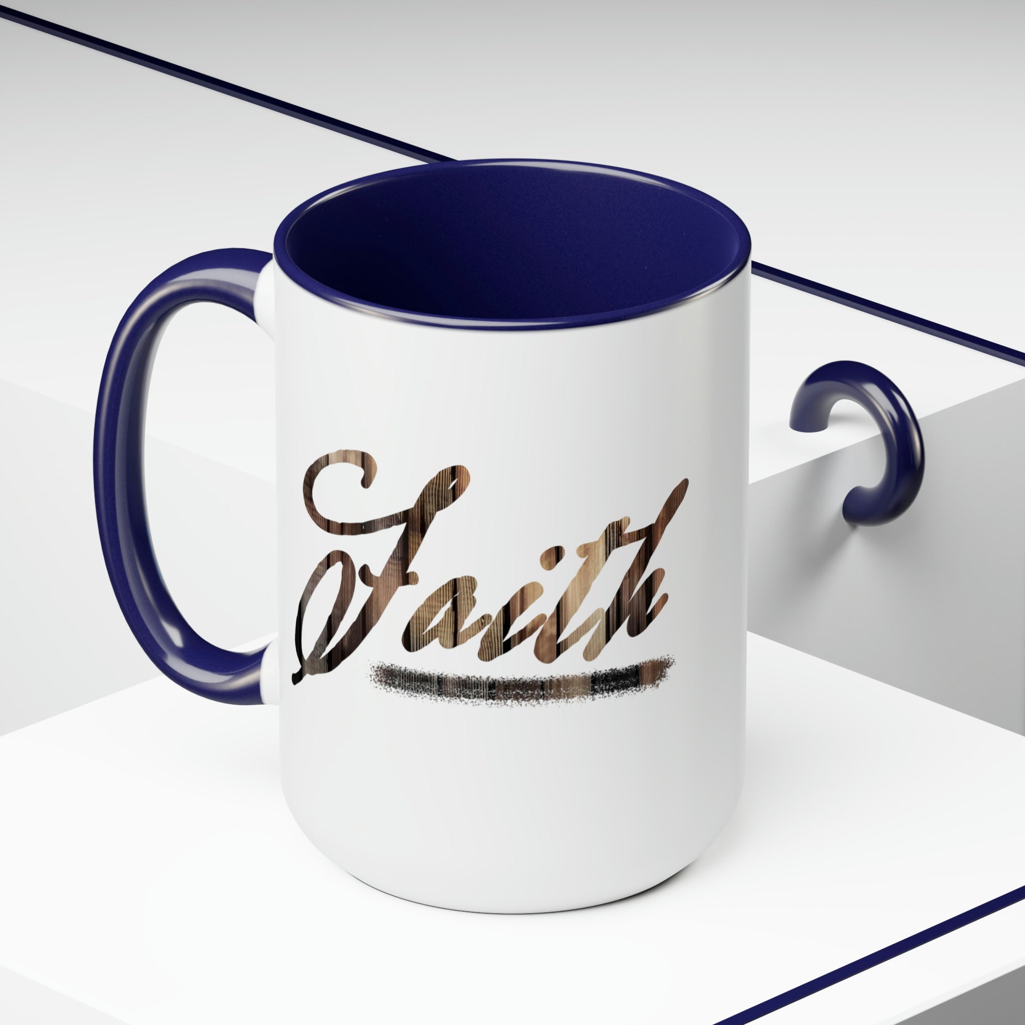 Accent Ceramic Coffee Mug 15oz with Faith Brown wood grain print, featuring a glossy finish and colored handle.