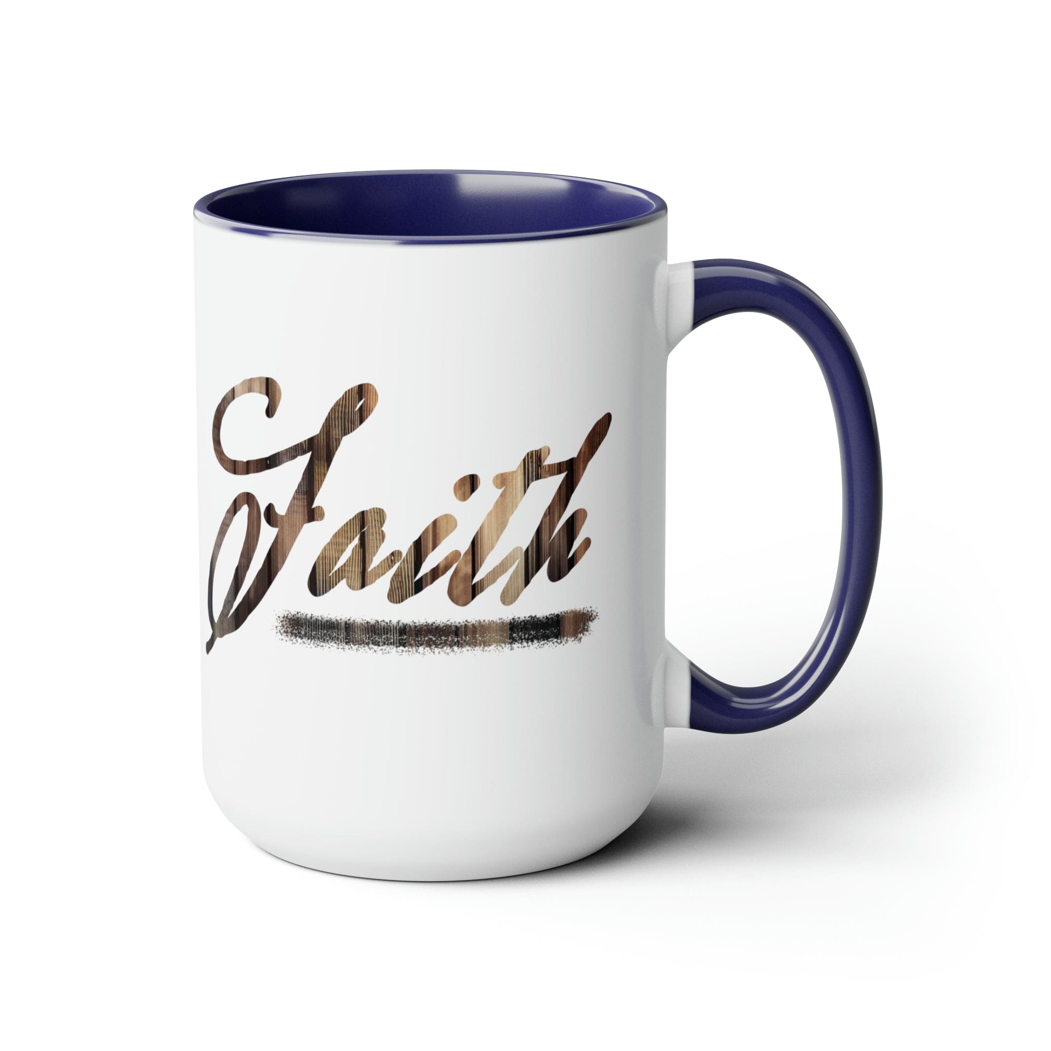 Accent Ceramic Coffee Mug 15oz with Faith Brown wood grain print, featuring a glossy finish and colored handle.