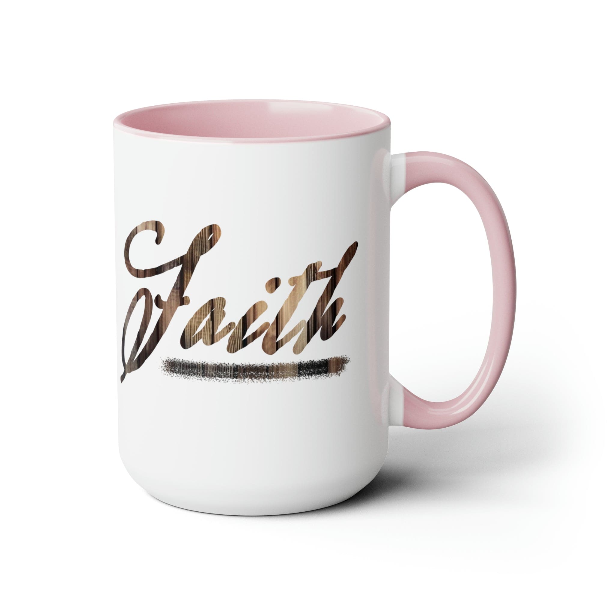 Accent Ceramic Coffee Mug 15oz with Faith Brown wood grain print, featuring a glossy finish and colored handle.