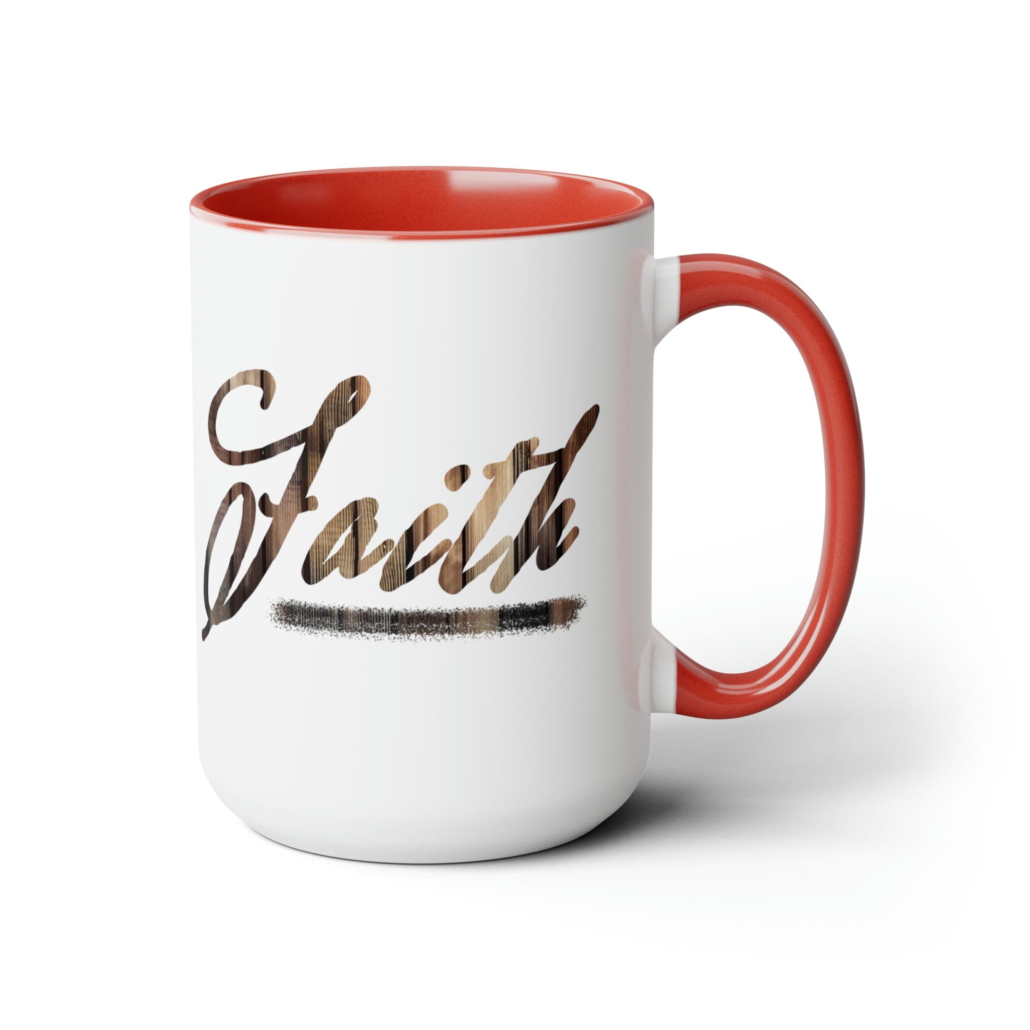 Accent Ceramic Coffee Mug 15oz with Faith Brown wood grain print, featuring a glossy finish and colored handle.