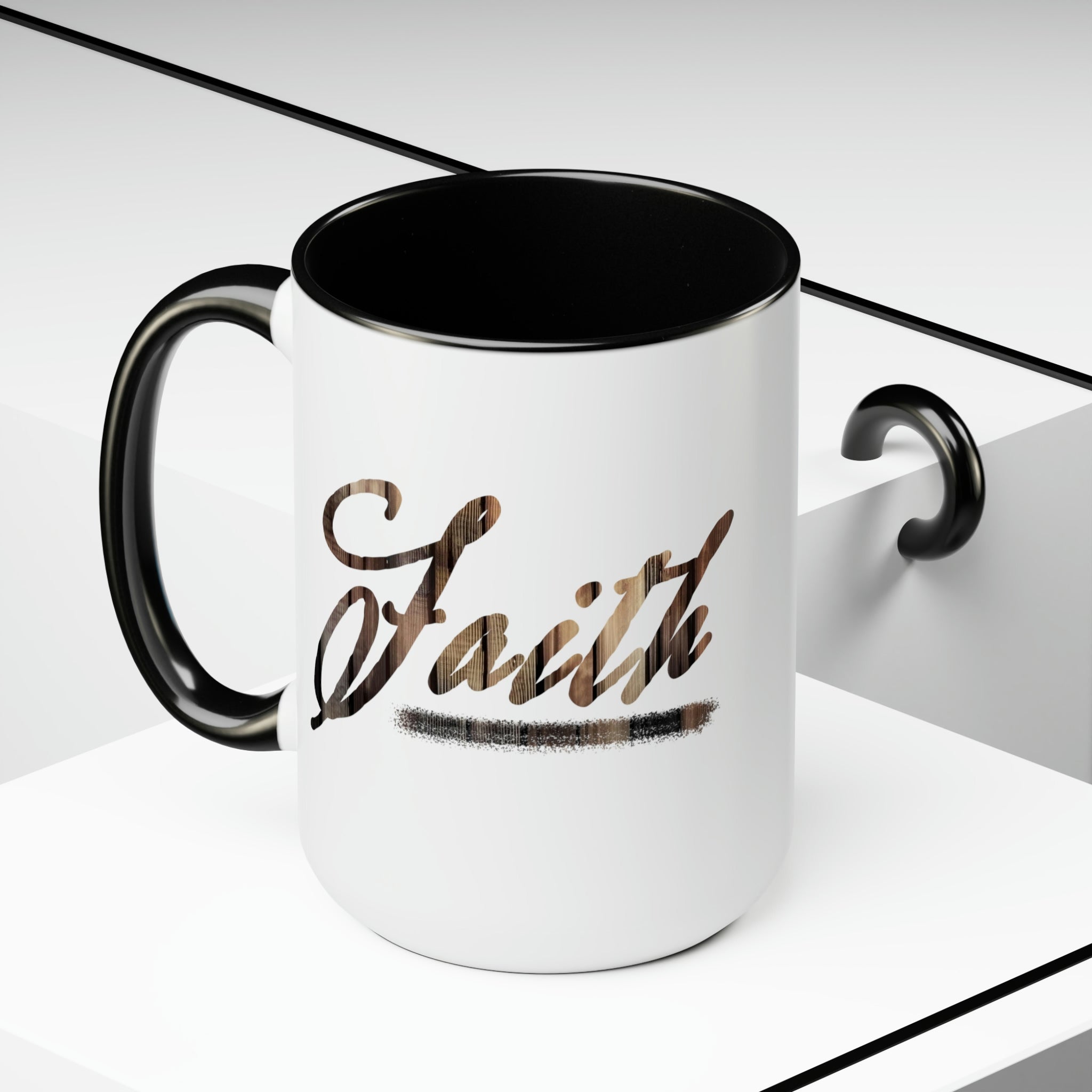 Accent Ceramic Coffee Mug 15oz with Faith Brown wood grain print, featuring a glossy finish and colored handle.