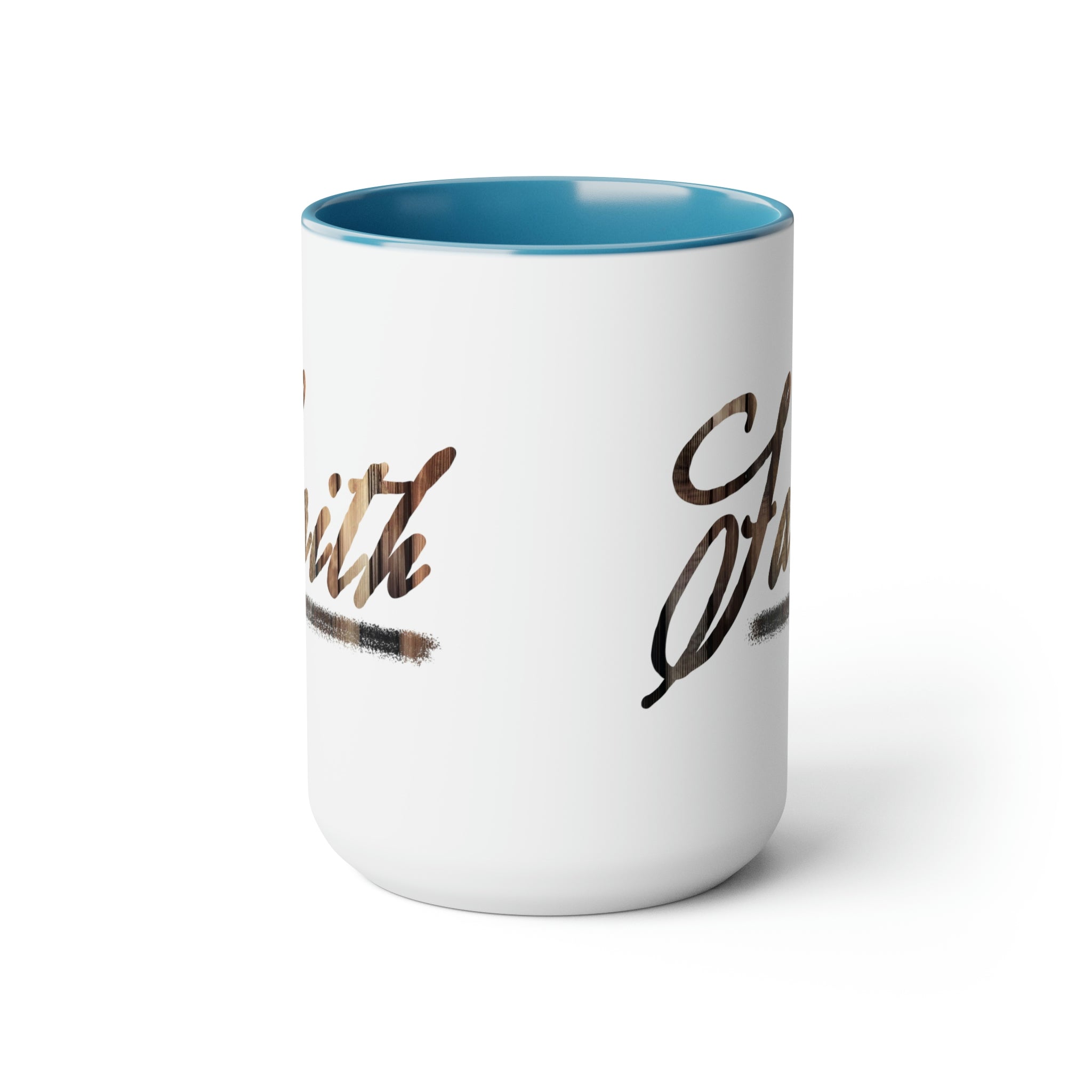 Accent Ceramic Coffee Mug 15oz with Faith Brown wood grain print, featuring a glossy finish and colored handle.