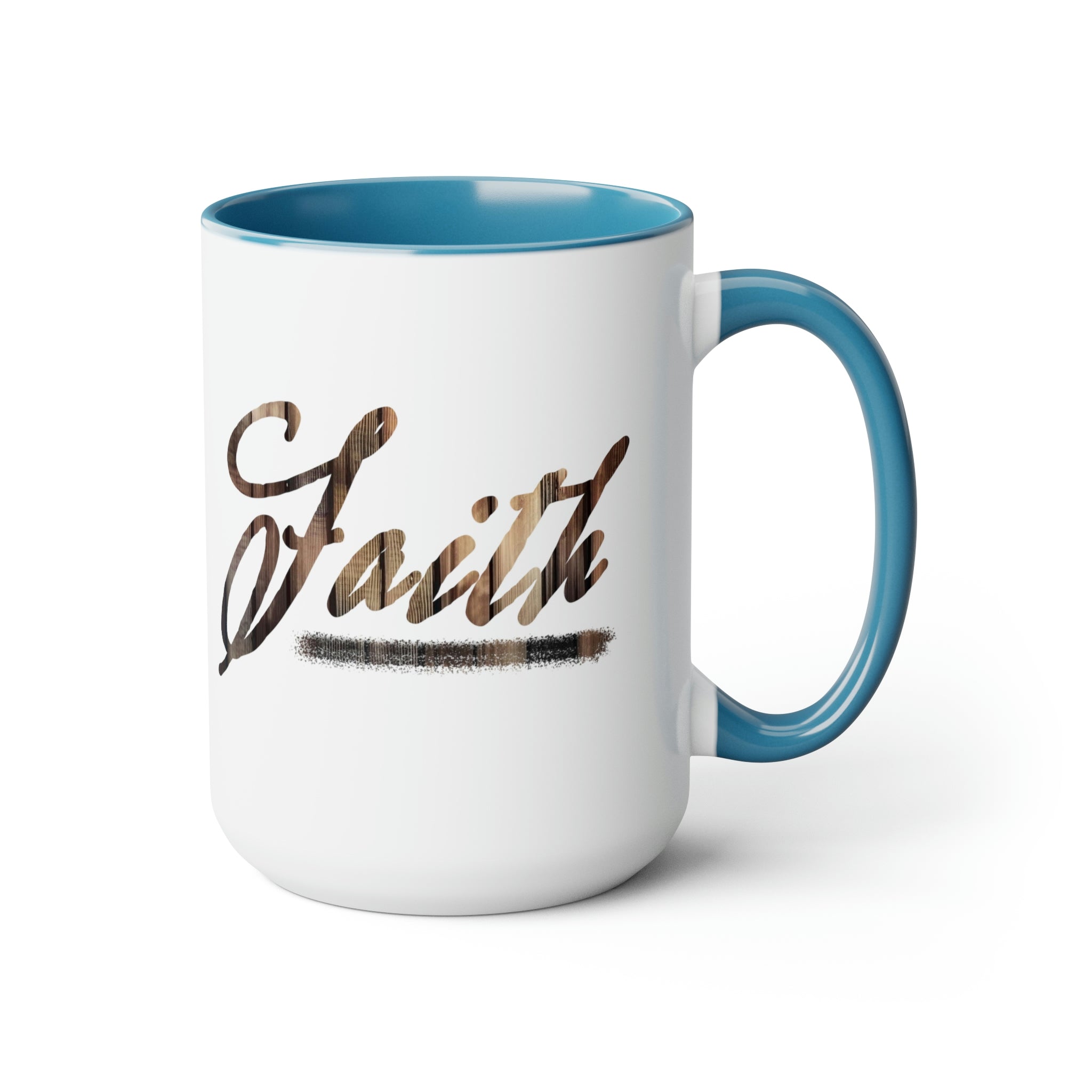 Accent Ceramic Coffee Mug 15oz with Faith Brown wood grain print, featuring a glossy finish and colored handle.