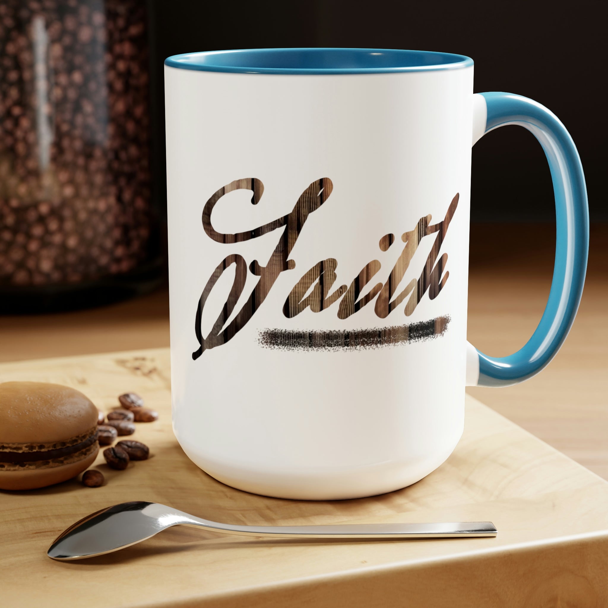 Accent Ceramic Coffee Mug 15oz with Faith Brown wood grain print, featuring a glossy finish and colored handle.