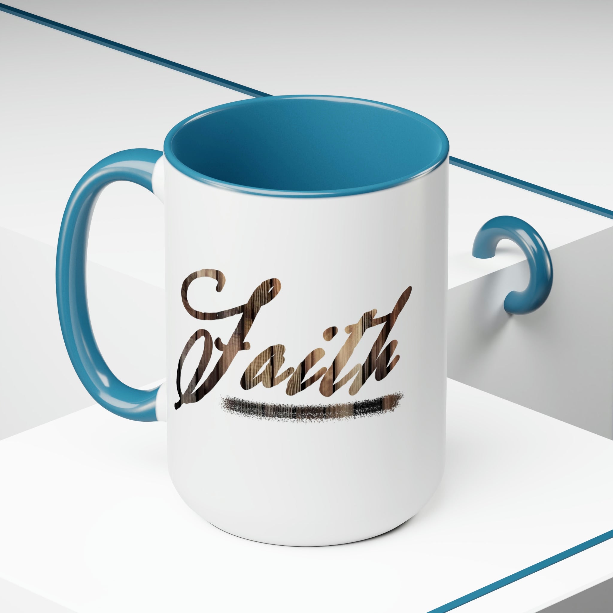 Accent Ceramic Coffee Mug 15oz with Faith Brown wood grain print, featuring a glossy finish and colored handle.