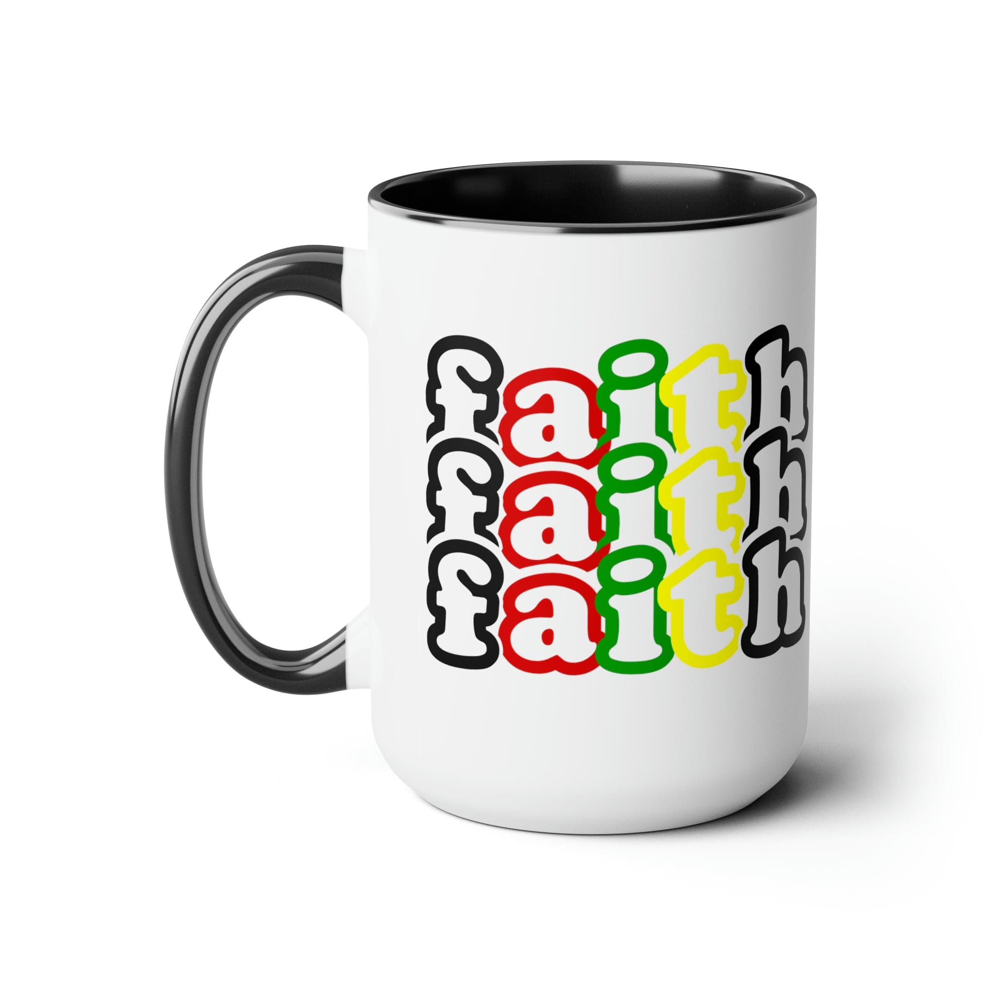 Accent Ceramic Coffee Mug 15oz featuring a vibrant Faith Stack multicolor black illustration, perfect for hot and cold beverages.