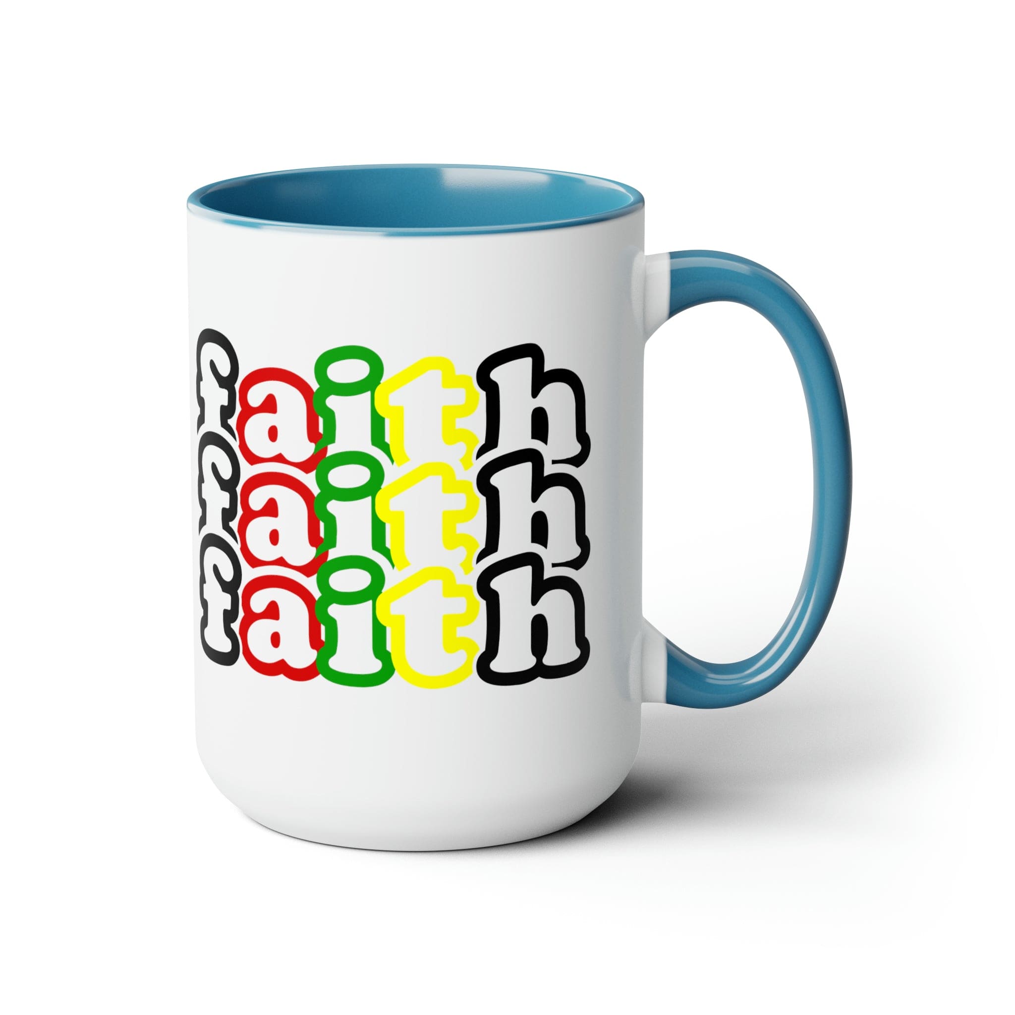 Accent Ceramic Coffee Mug 15oz featuring a vibrant Faith Stack multicolor black illustration, perfect for hot and cold beverages.