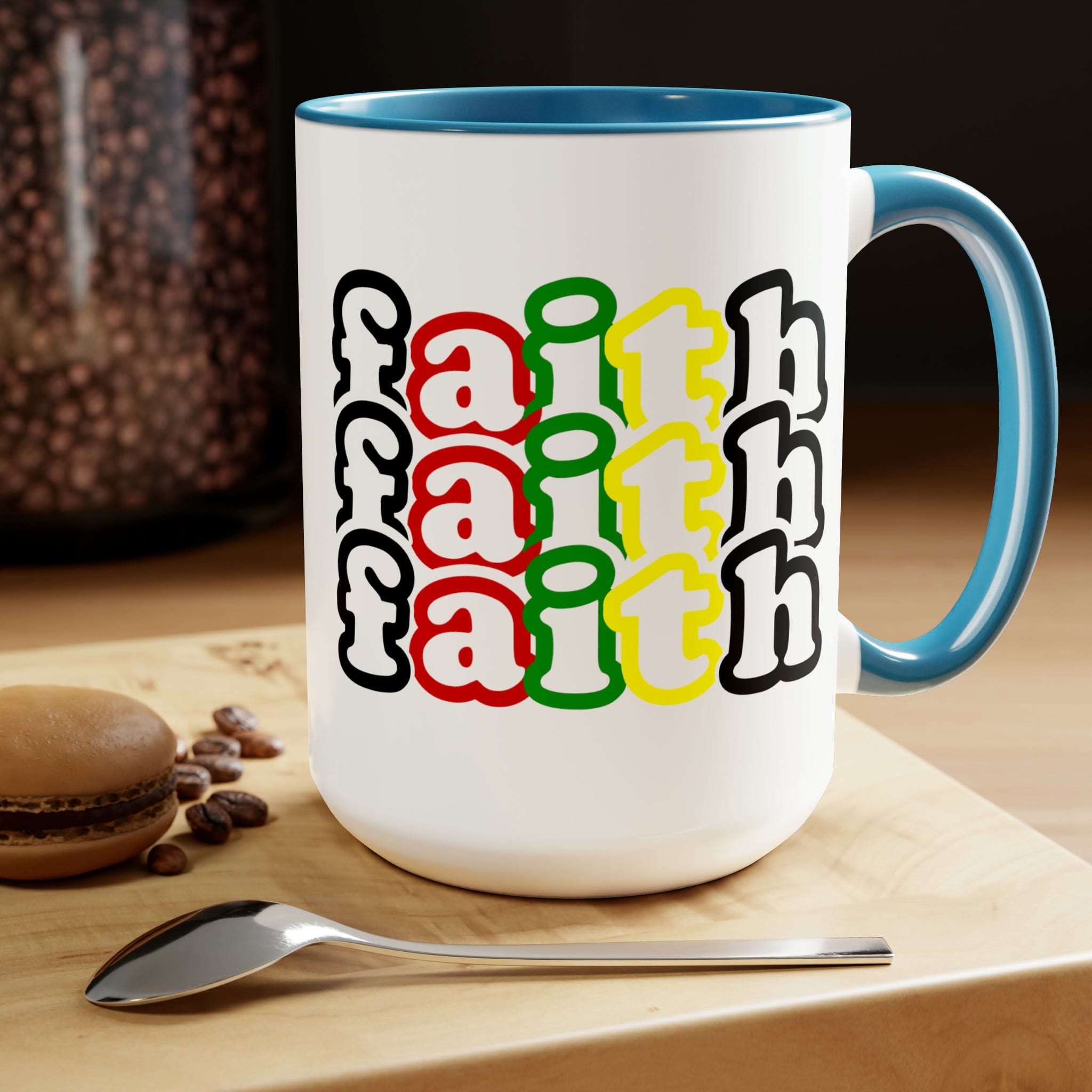 Accent Ceramic Coffee Mug 15oz featuring a vibrant Faith Stack multicolor black illustration, perfect for hot and cold beverages.