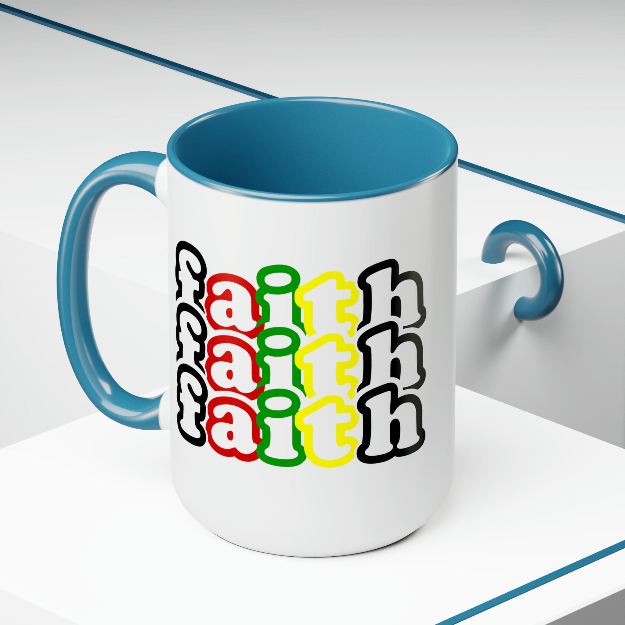 Accent Ceramic Coffee Mug 15oz featuring a vibrant Faith Stack multicolor black illustration, perfect for hot and cold beverages.