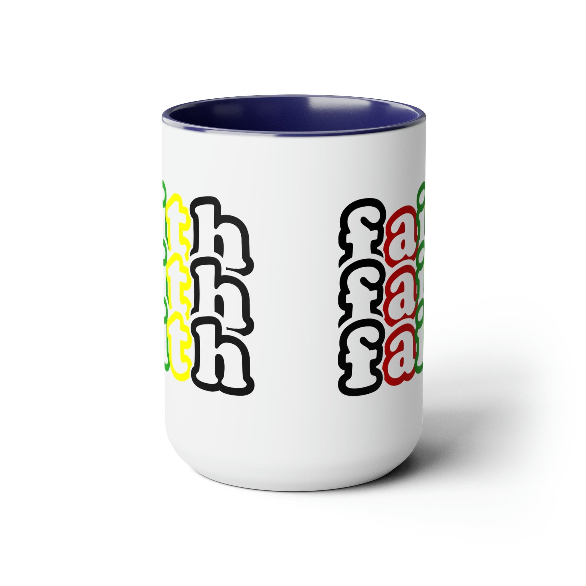 Accent Ceramic Coffee Mug 15oz featuring a vibrant Faith Stack multicolor black illustration, perfect for hot and cold beverages.