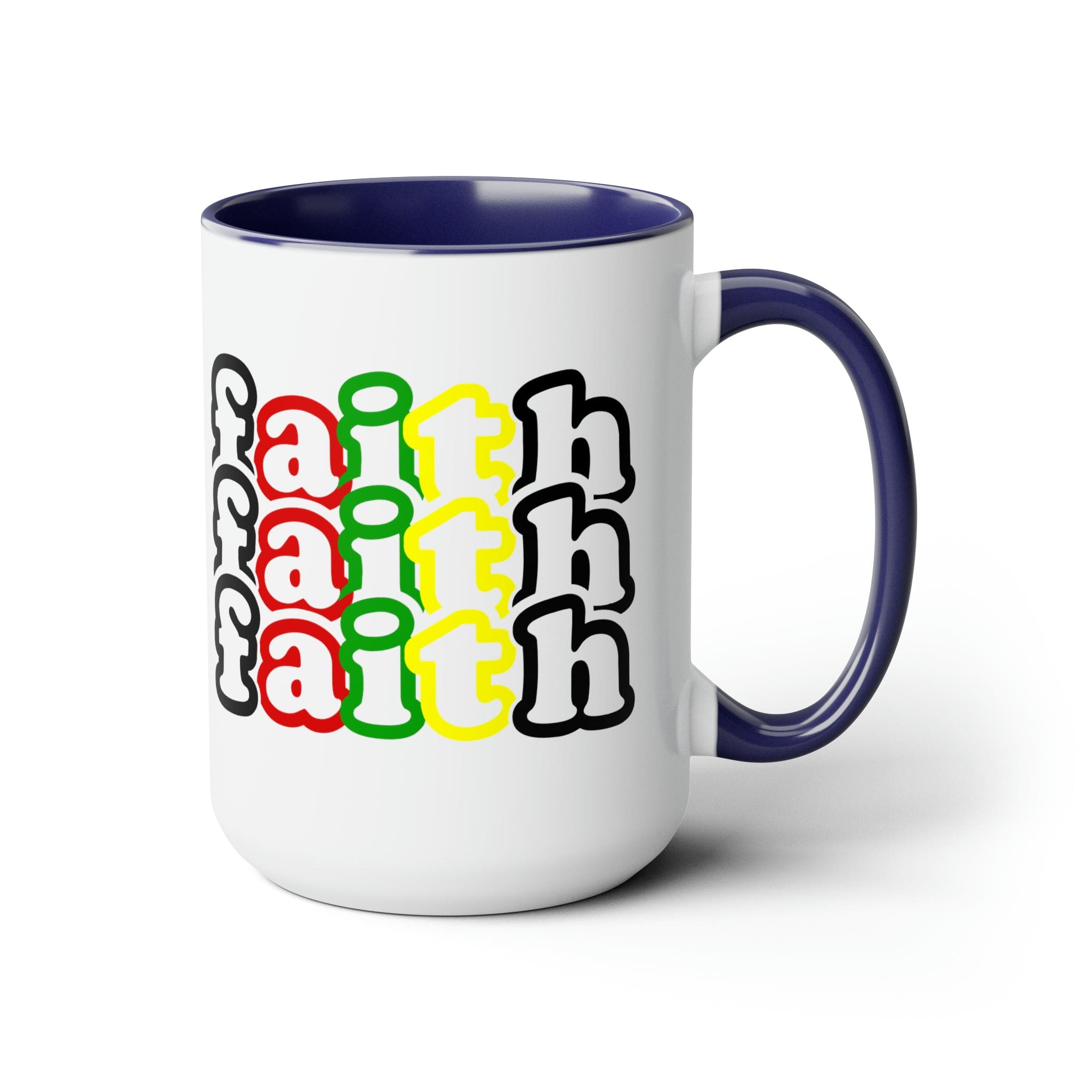 Accent Ceramic Coffee Mug 15oz featuring a vibrant Faith Stack multicolor black illustration, perfect for hot and cold beverages.