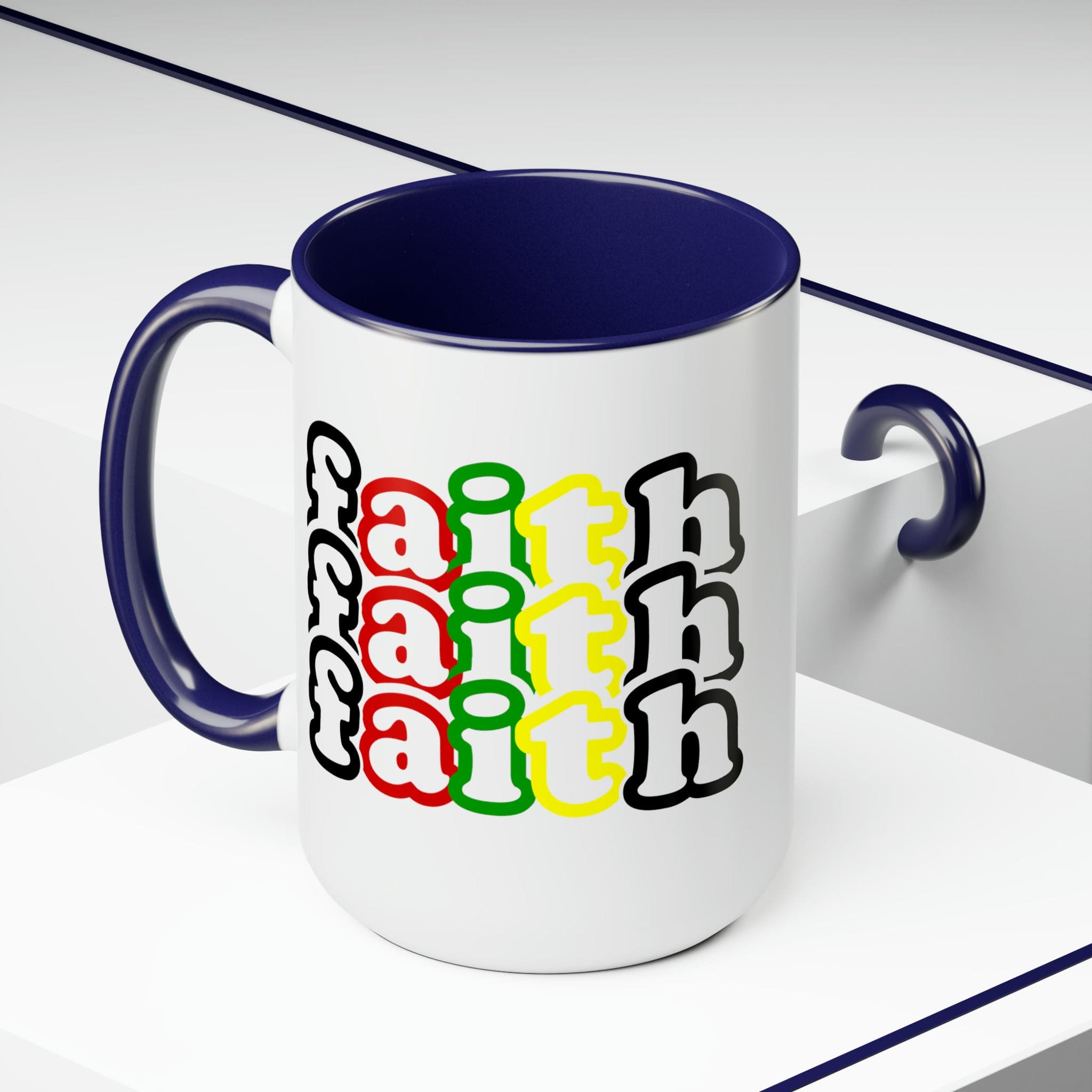 Accent Ceramic Coffee Mug 15oz featuring a vibrant Faith Stack multicolor black illustration, perfect for hot and cold beverages.