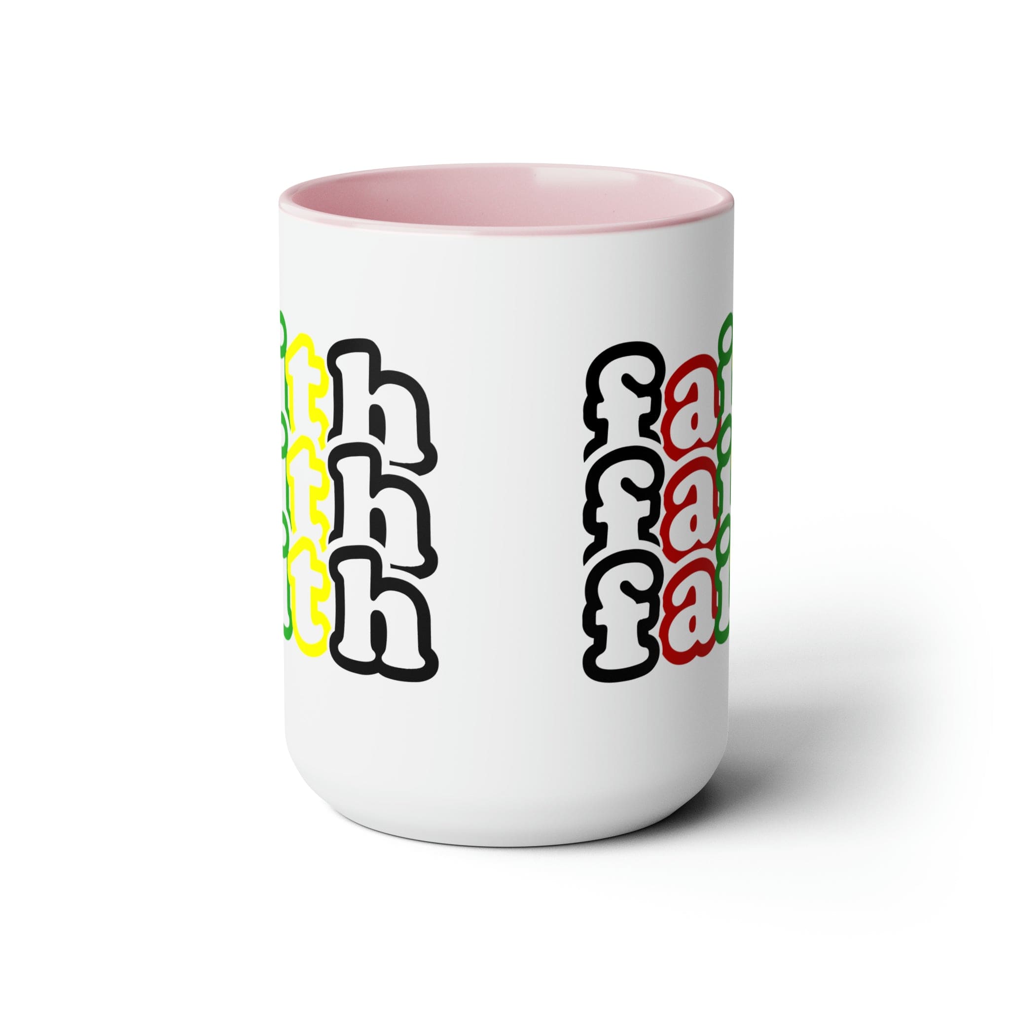 Accent Ceramic Coffee Mug 15oz featuring a vibrant Faith Stack multicolor black illustration, perfect for hot and cold beverages.