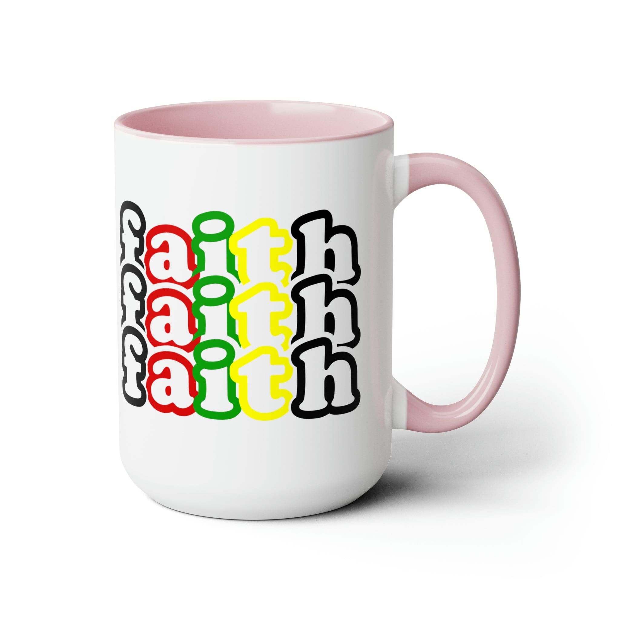 Accent Ceramic Coffee Mug 15oz featuring a vibrant Faith Stack multicolor black illustration, perfect for hot and cold beverages.