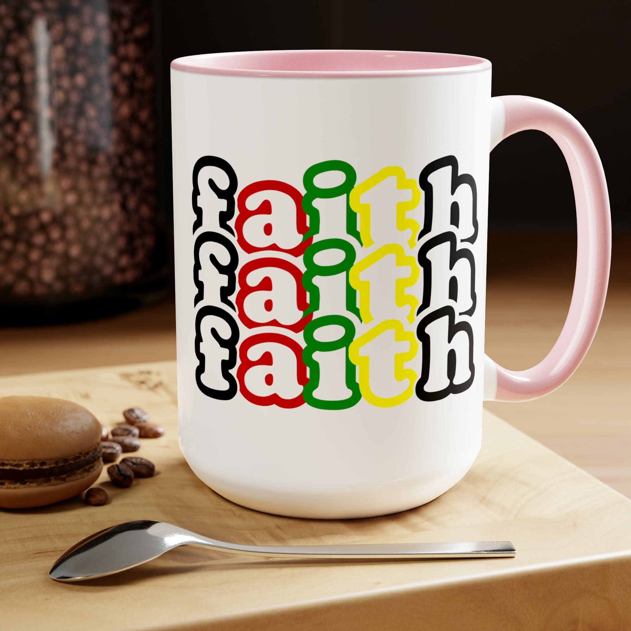 Accent Ceramic Coffee Mug 15oz featuring a vibrant Faith Stack multicolor black illustration, perfect for hot and cold beverages.