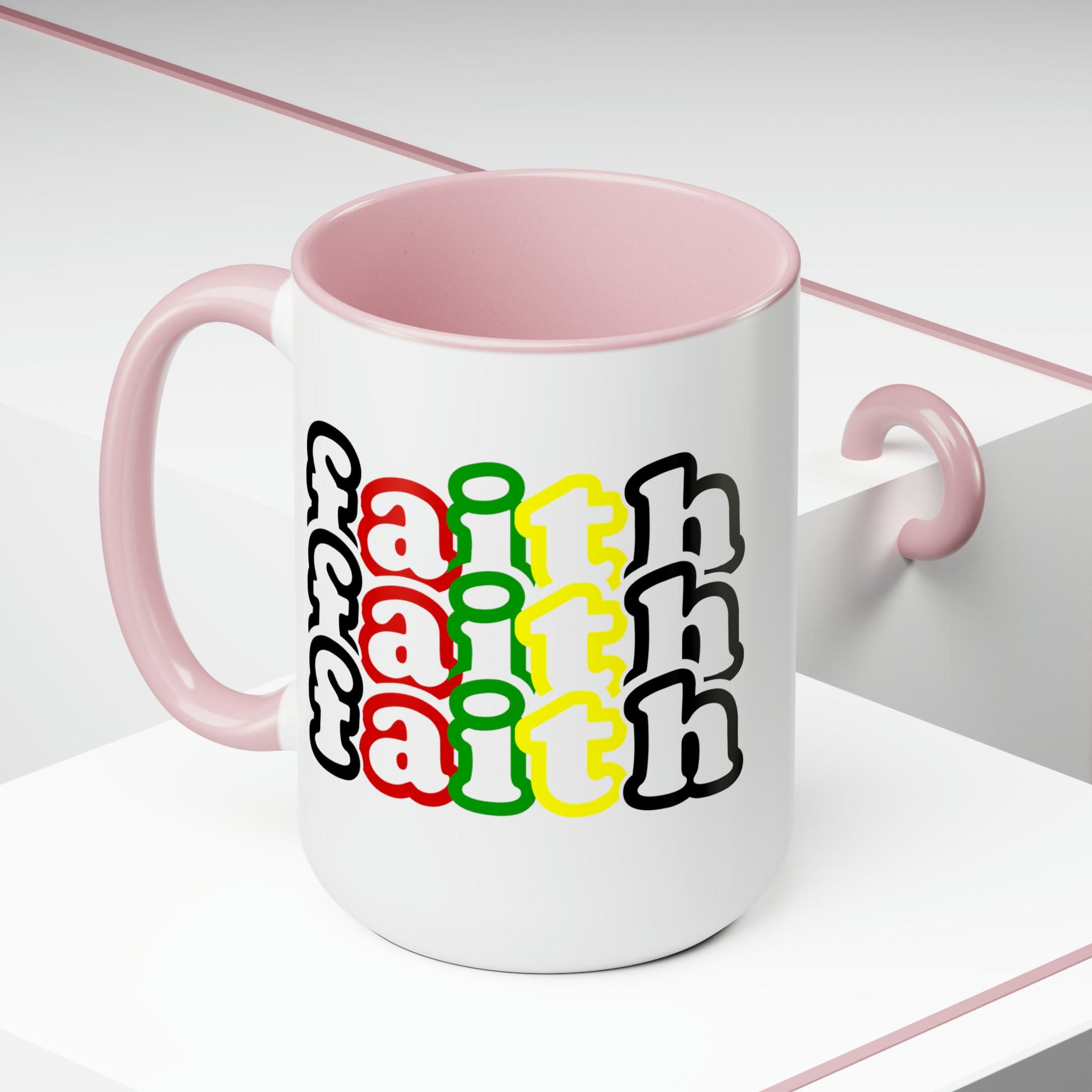 Accent Ceramic Coffee Mug 15oz featuring a vibrant Faith Stack multicolor black illustration, perfect for hot and cold beverages.