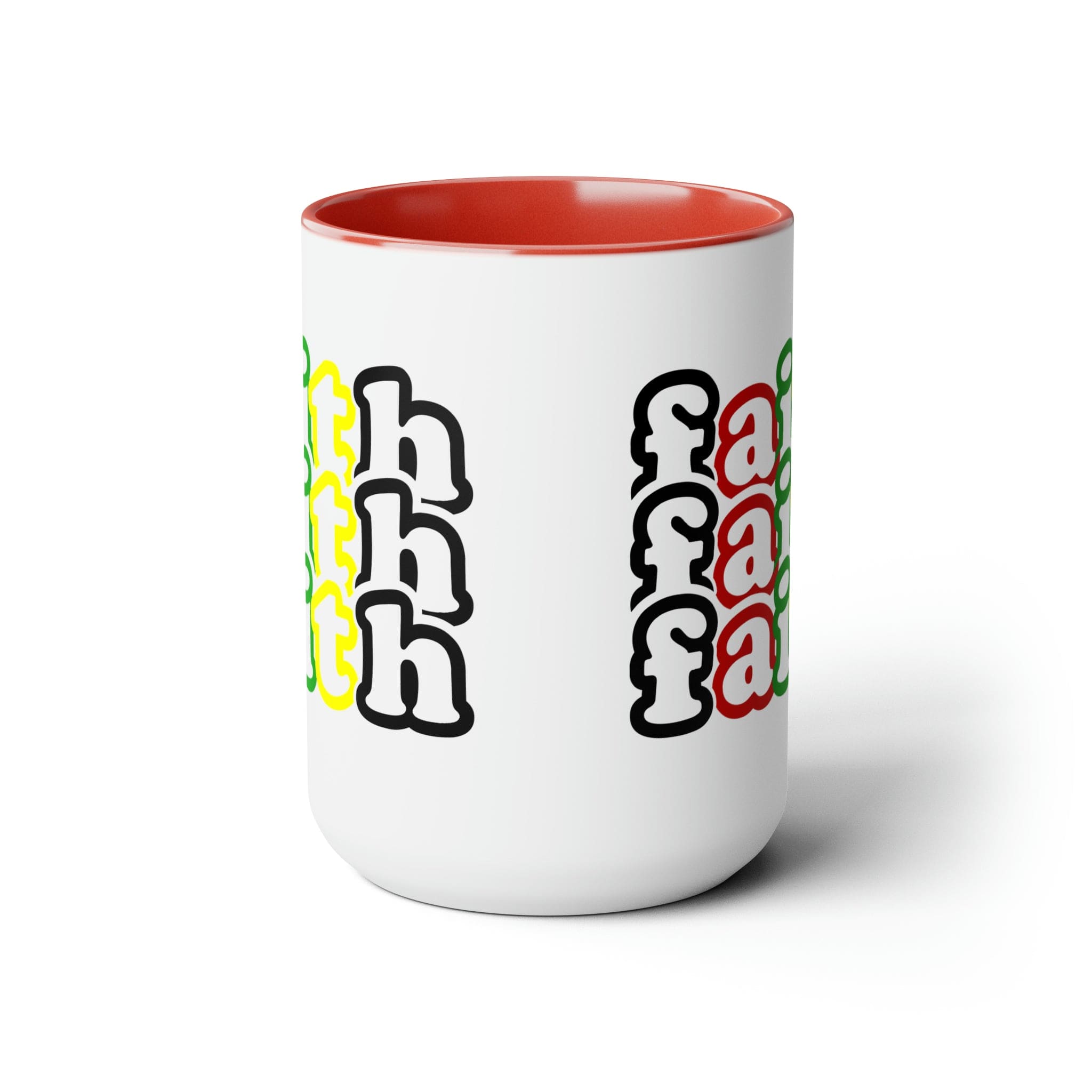 Accent Ceramic Coffee Mug 15oz featuring a vibrant Faith Stack multicolor black illustration, perfect for hot and cold beverages.