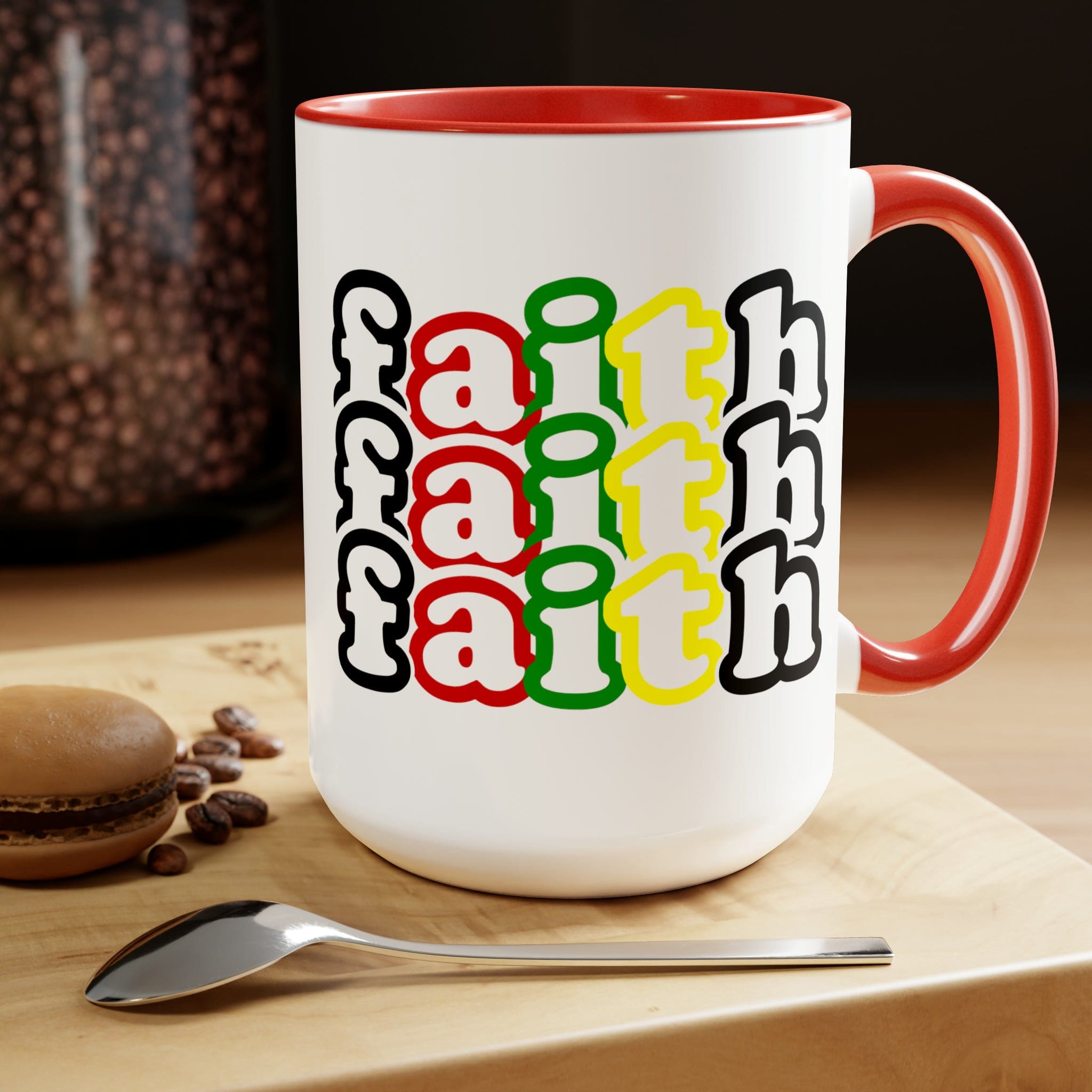 Accent Ceramic Coffee Mug 15oz featuring a vibrant Faith Stack multicolor black illustration, perfect for hot and cold beverages.