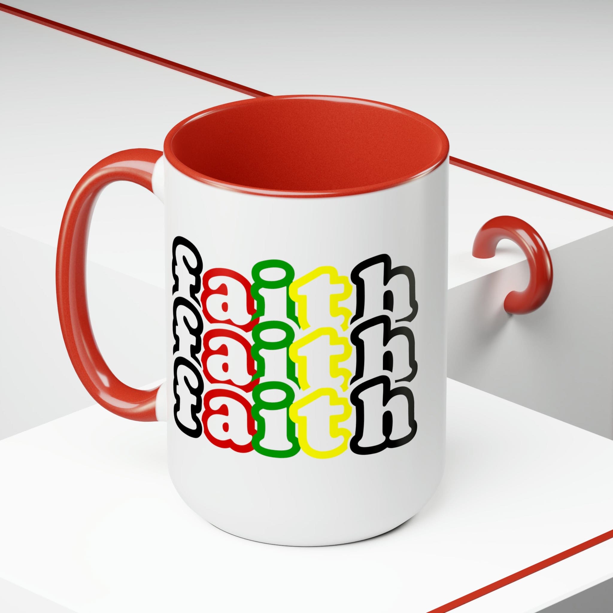 Accent Ceramic Coffee Mug 15oz featuring a vibrant Faith Stack multicolor black illustration, perfect for hot and cold beverages.