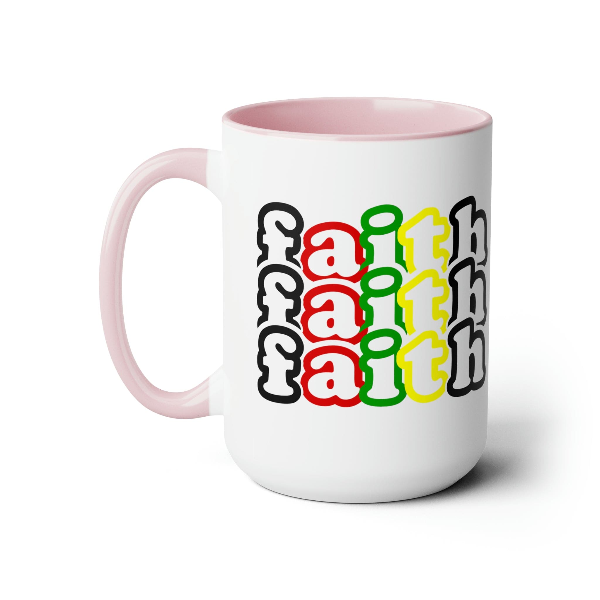 Accent Ceramic Coffee Mug 15oz featuring a vibrant Faith Stack multicolor black illustration, perfect for hot and cold beverages.