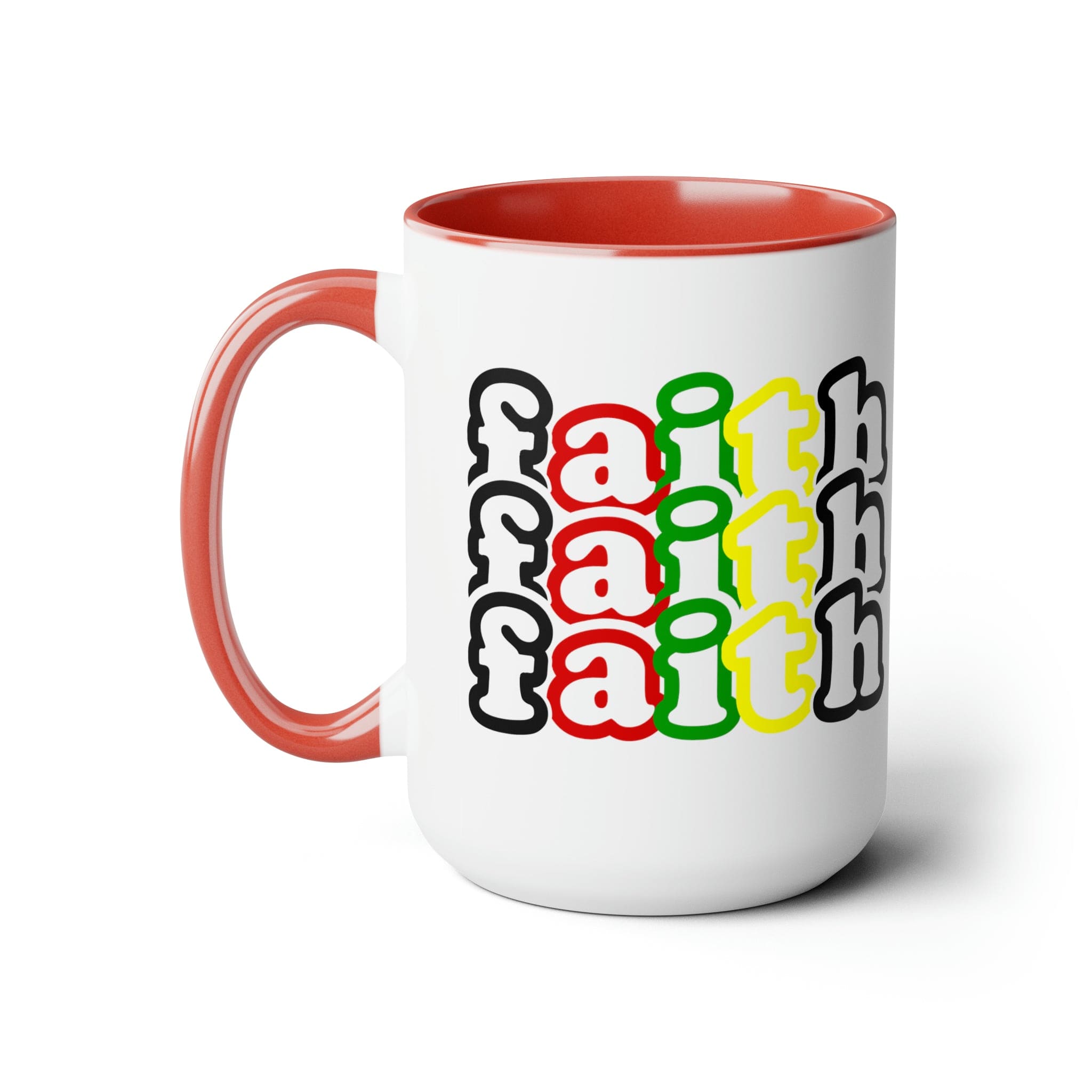 Accent Ceramic Coffee Mug 15oz featuring a vibrant Faith Stack multicolor black illustration, perfect for hot and cold beverages.