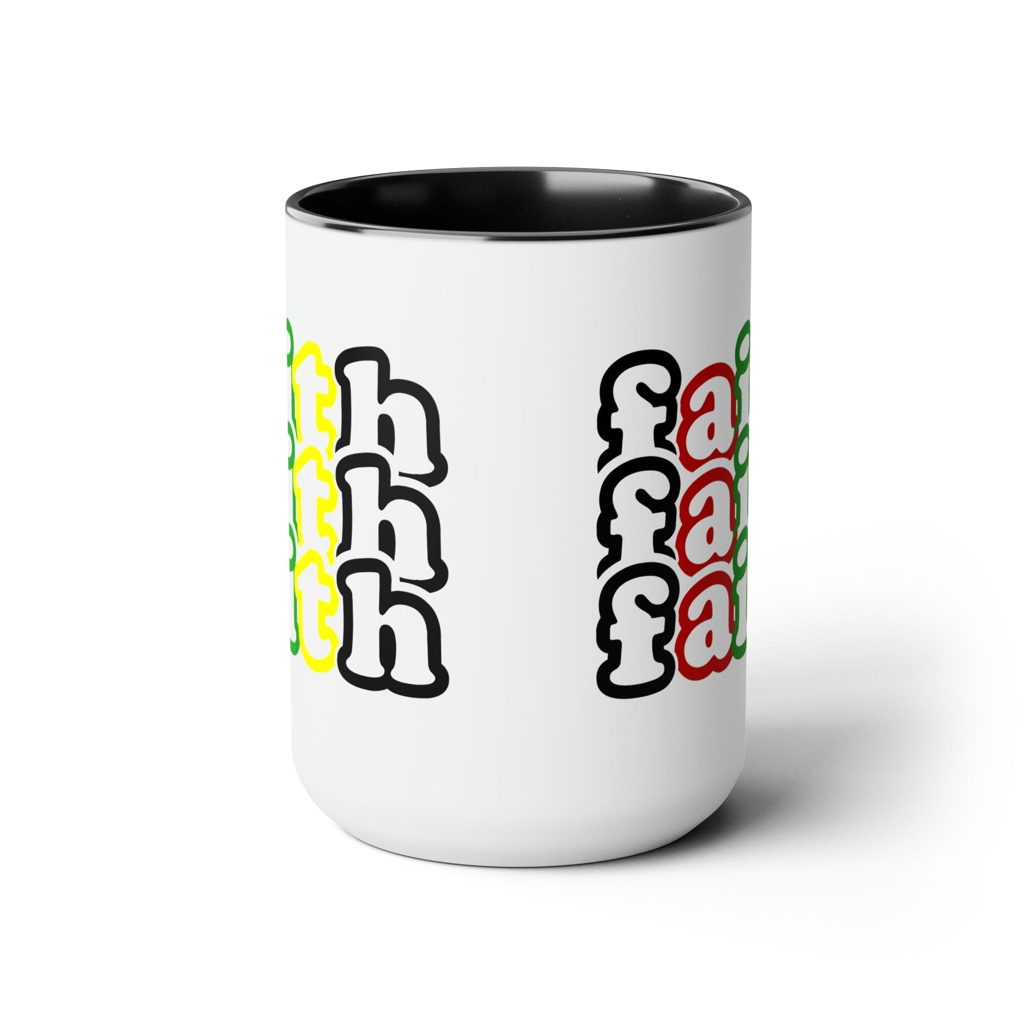 Accent Ceramic Coffee Mug 15oz featuring a vibrant Faith Stack multicolor black illustration, perfect for hot and cold beverages.