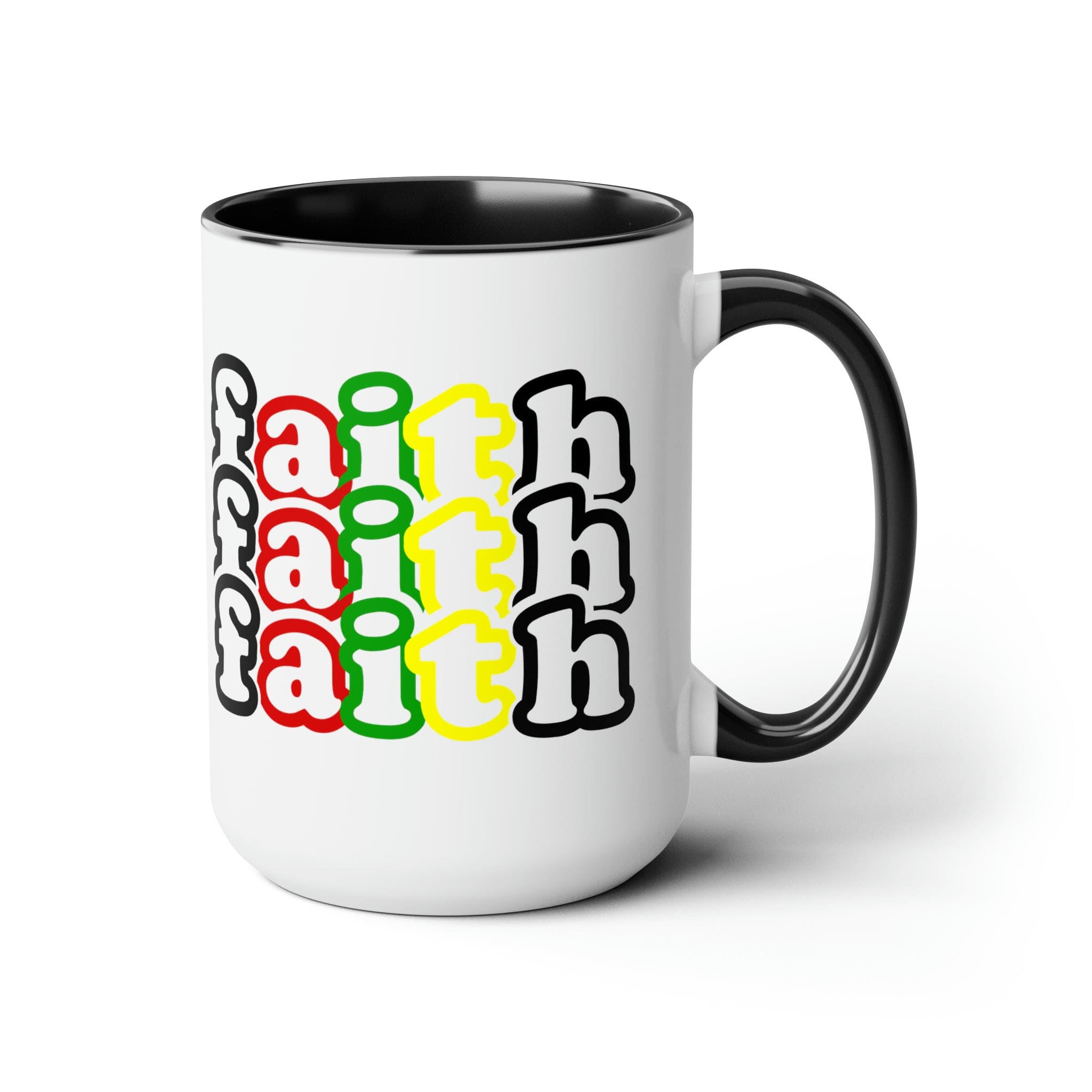 Accent Ceramic Coffee Mug 15oz featuring a vibrant Faith Stack multicolor black illustration, perfect for hot and cold beverages.