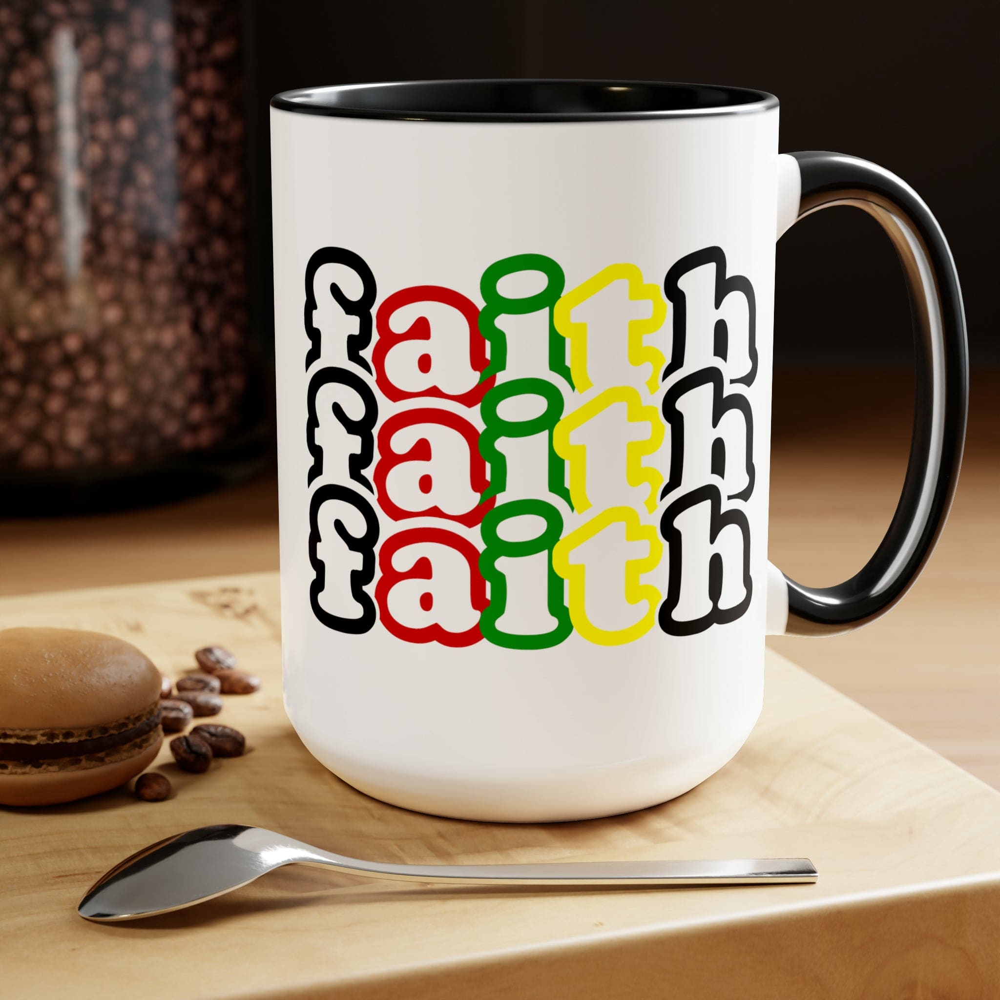 Accent Ceramic Coffee Mug 15oz featuring a vibrant Faith Stack multicolor black illustration, perfect for hot and cold beverages.