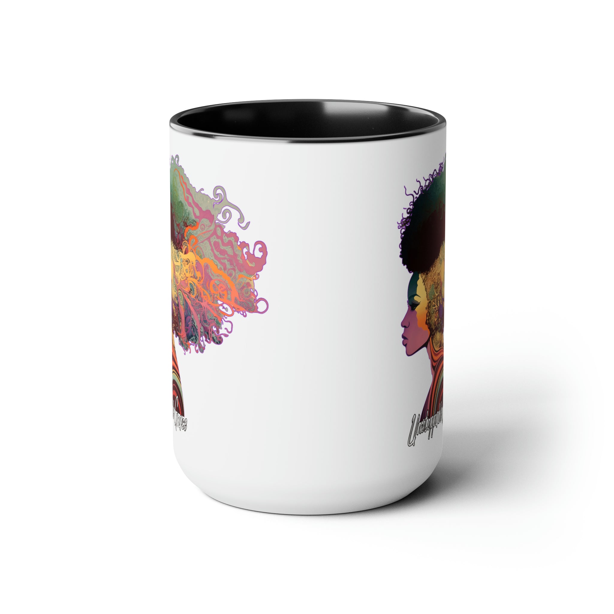 Accent Ceramic Coffee Mug 15oz featuring Female Warrior clipart in pastel colors with a glossy finish and colored handle.