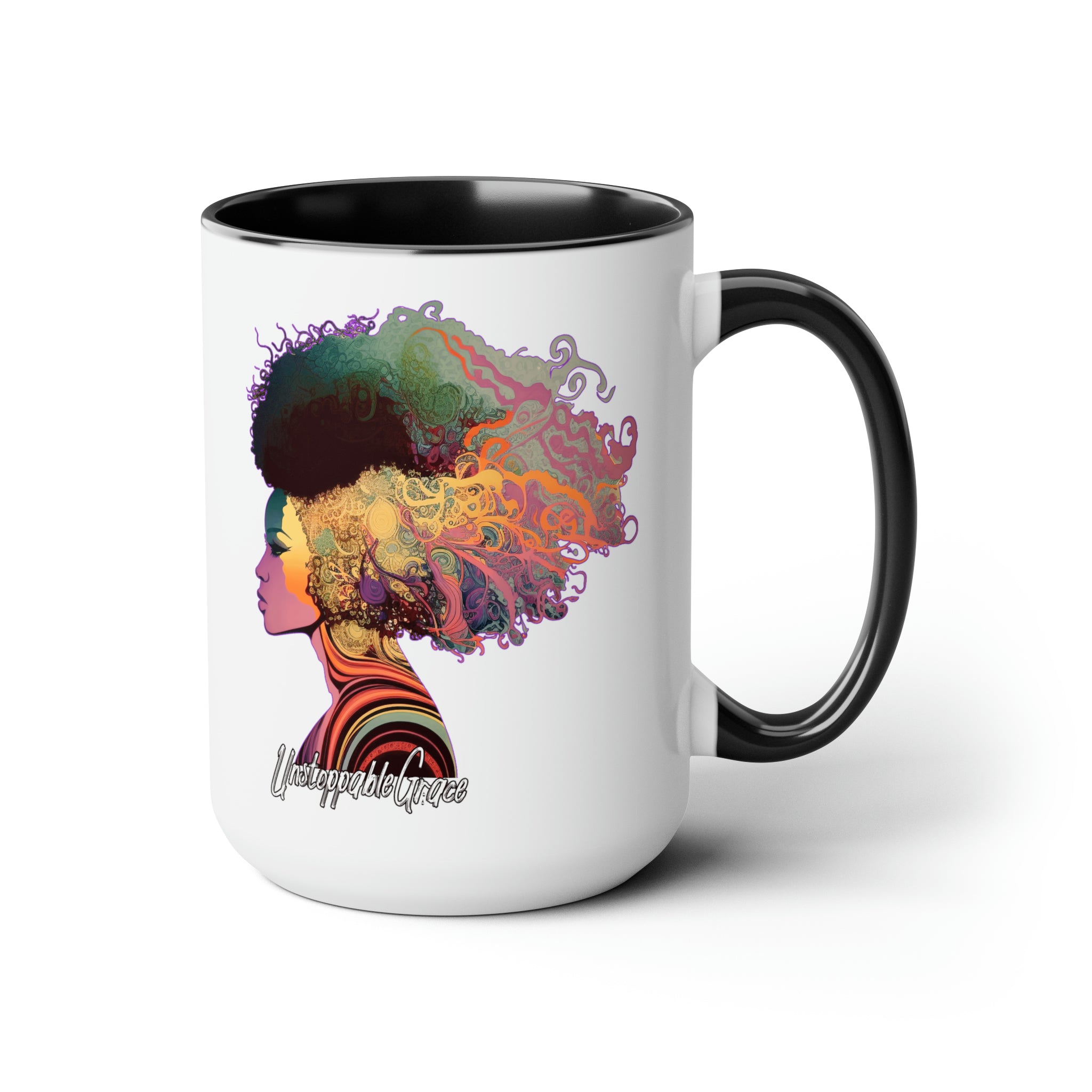 Accent Ceramic Coffee Mug 15oz featuring Female Warrior clipart in pastel colors with a glossy finish and colored handle.