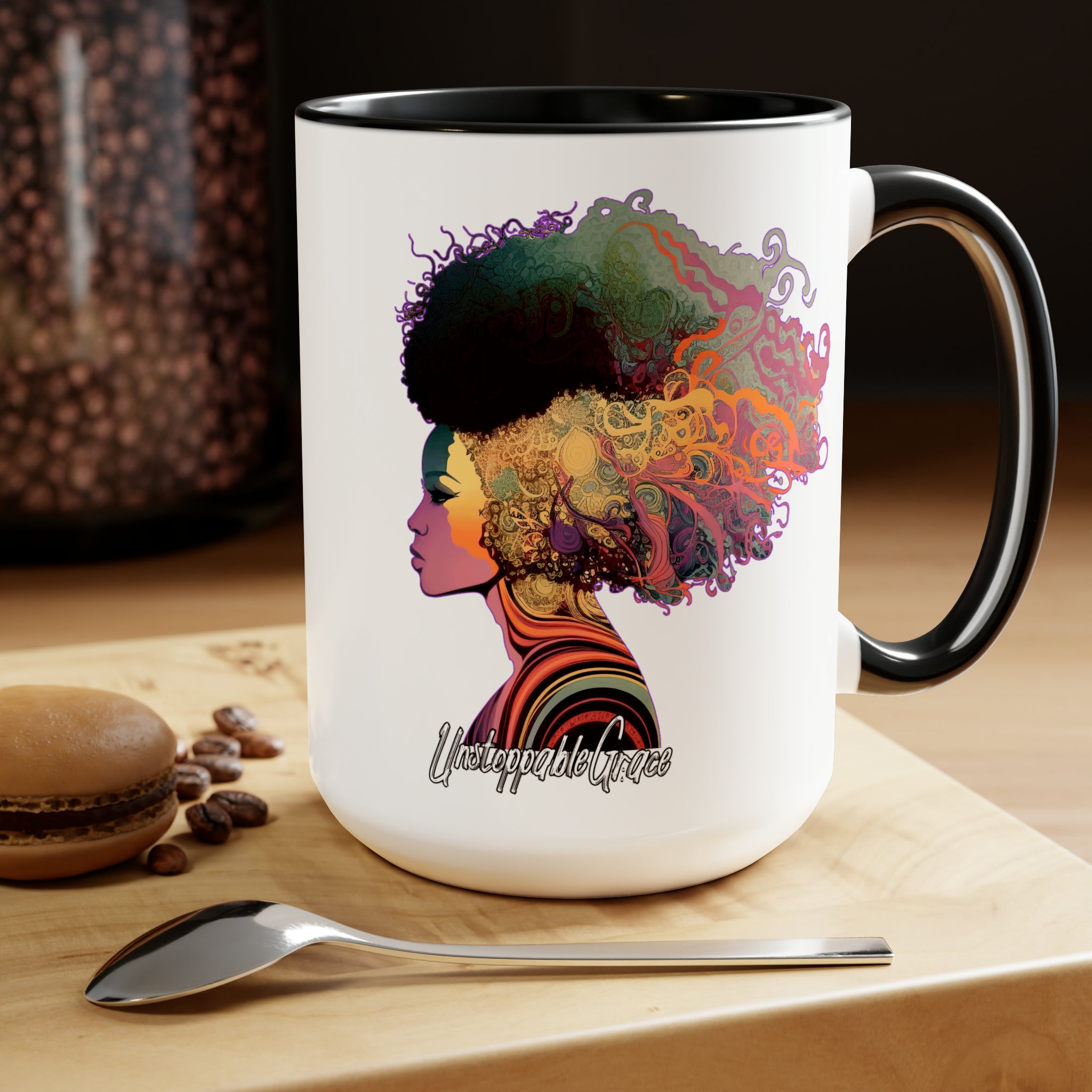 Accent Ceramic Coffee Mug 15oz featuring Female Warrior clipart in pastel colors with a glossy finish and colored handle.