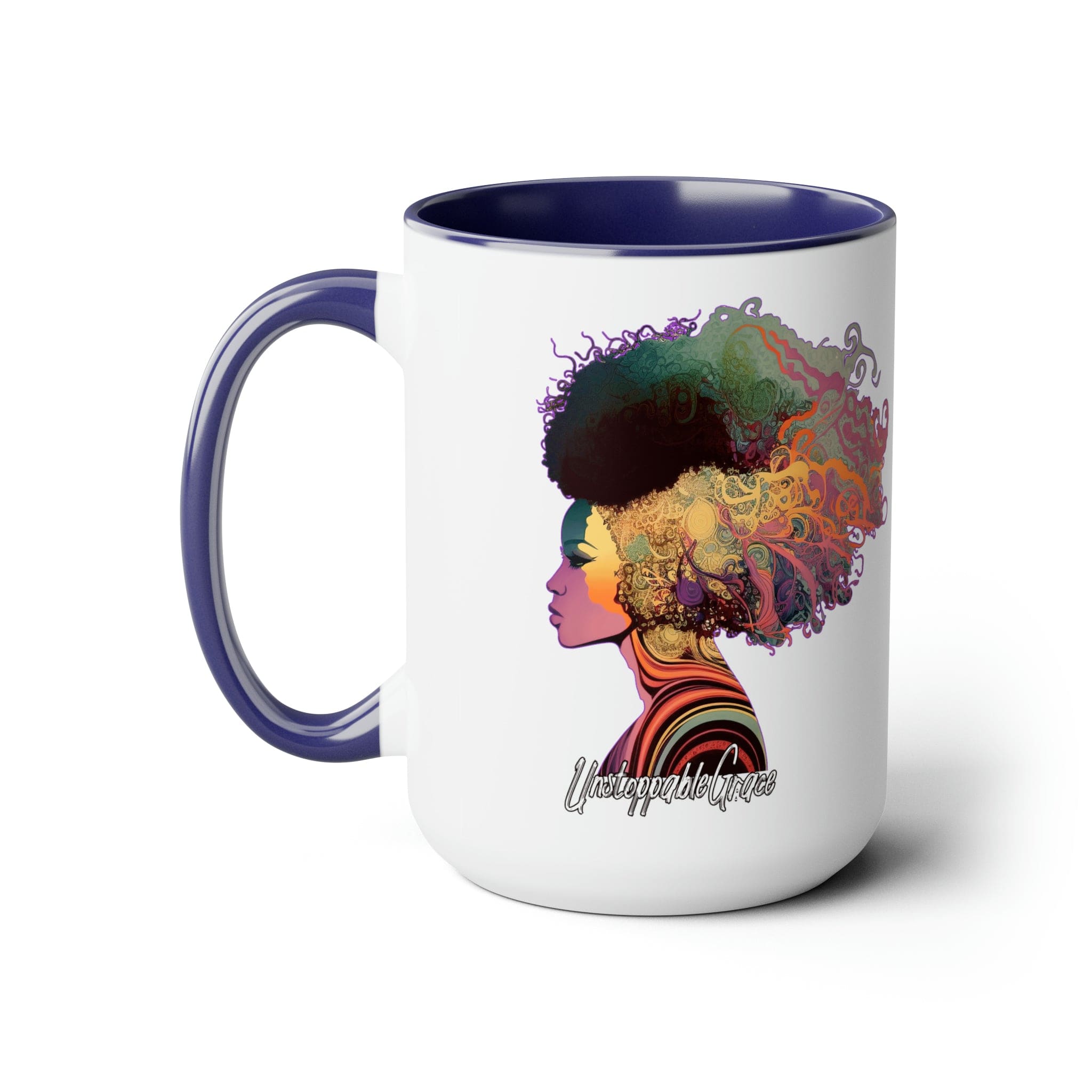 Accent Ceramic Coffee Mug 15oz featuring Female Warrior clipart in pastel colors with a glossy finish and colored handle.