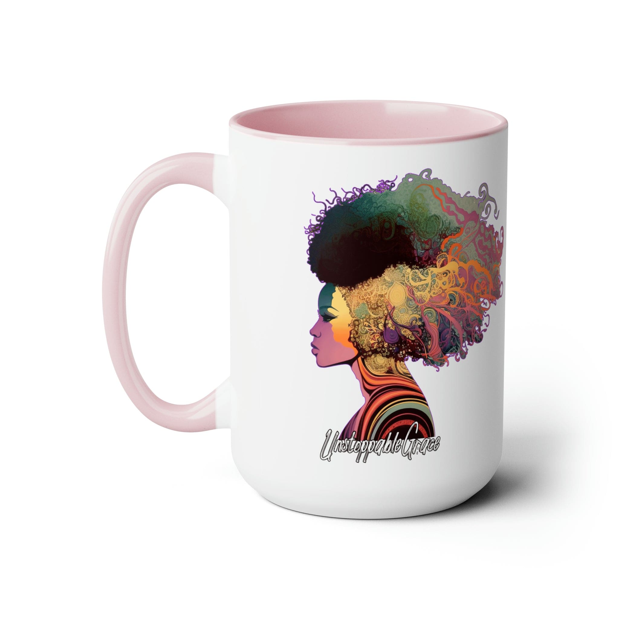 Accent Ceramic Coffee Mug 15oz featuring Female Warrior clipart in pastel colors with a glossy finish and colored handle.