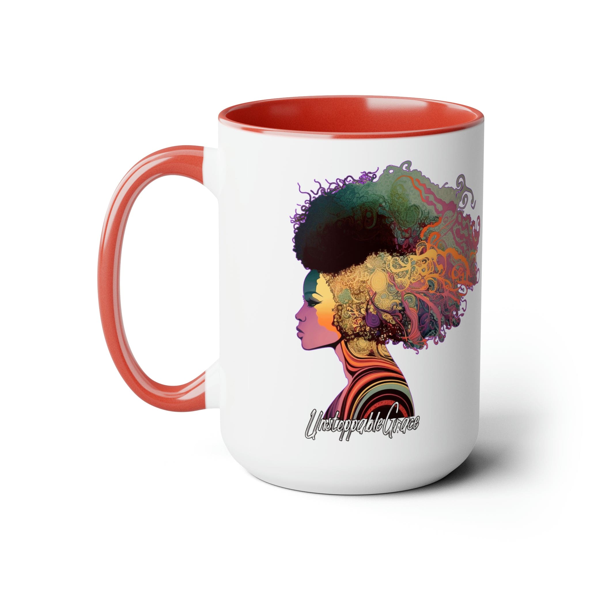 Accent Ceramic Coffee Mug 15oz featuring Female Warrior clipart in pastel colors with a glossy finish and colored handle.