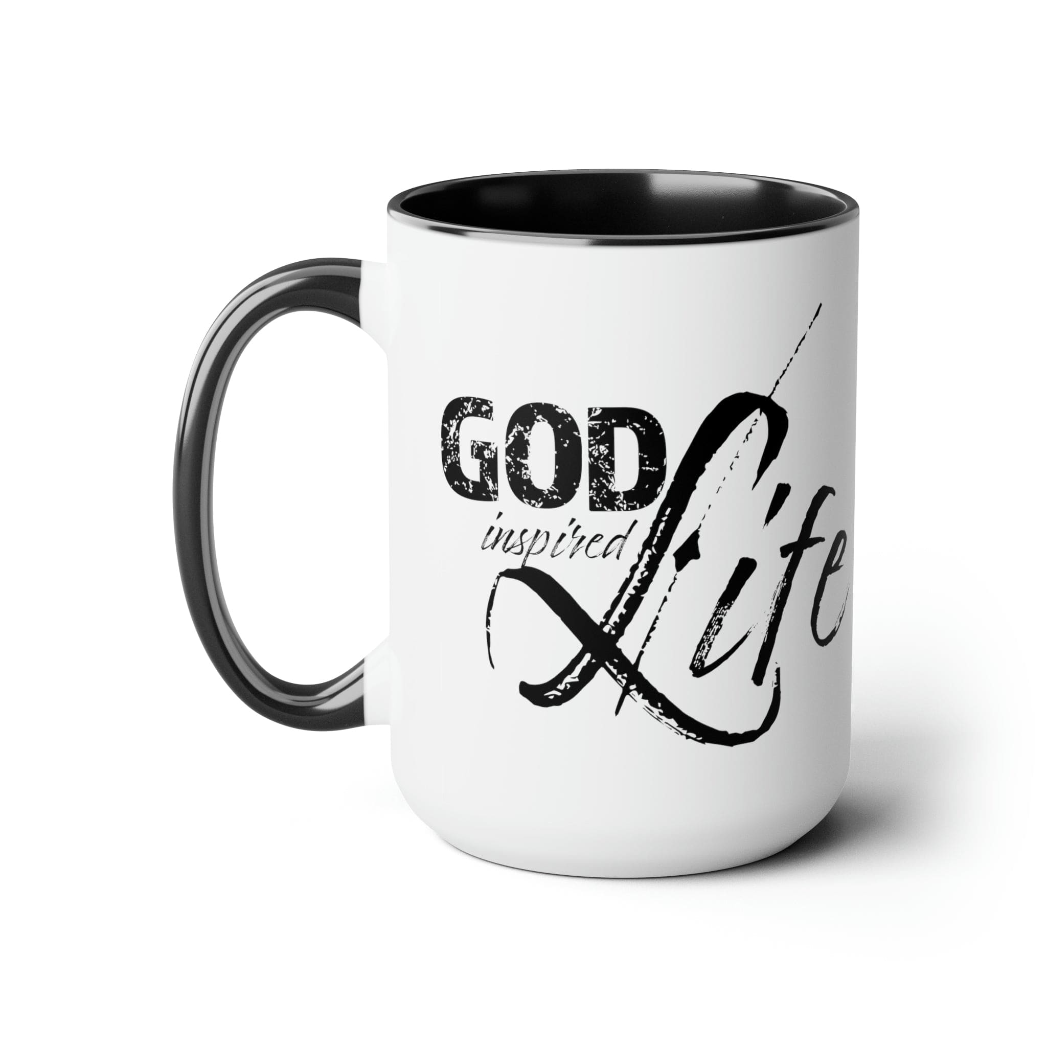 God Inspired Life Black Illustration Ceramic Coffee Mug with a two-tone design, featuring a black illustration on a white background and a colored interior.