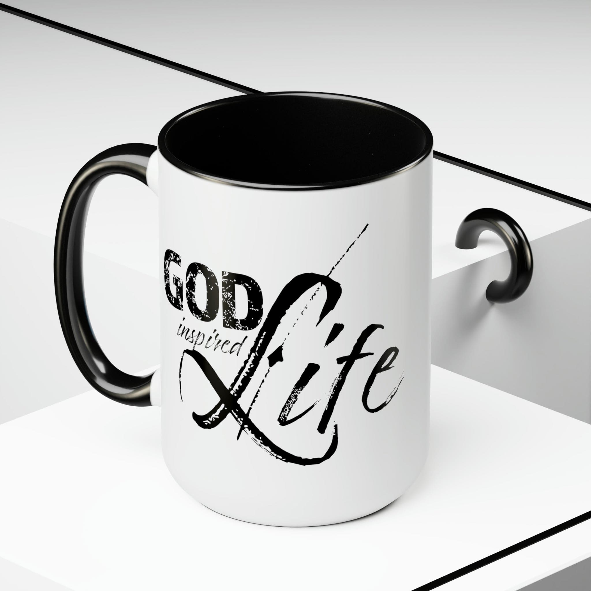 God Inspired Life Black Illustration Ceramic Coffee Mug with a two-tone design, featuring a black illustration on a white background and a colored interior.