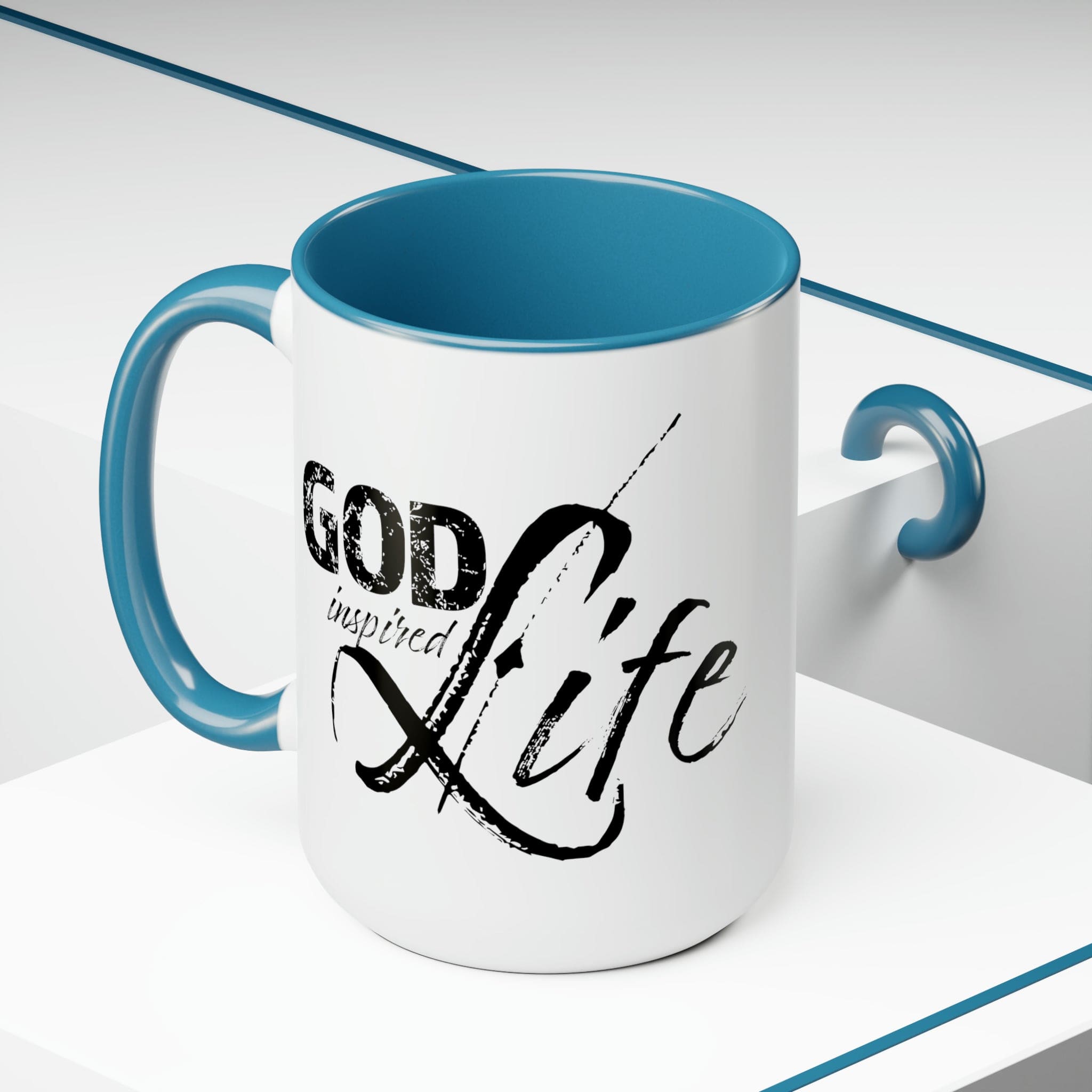 God Inspired Life Black Illustration Ceramic Coffee Mug with a two-tone design, featuring a black illustration on a white background and a colored interior.