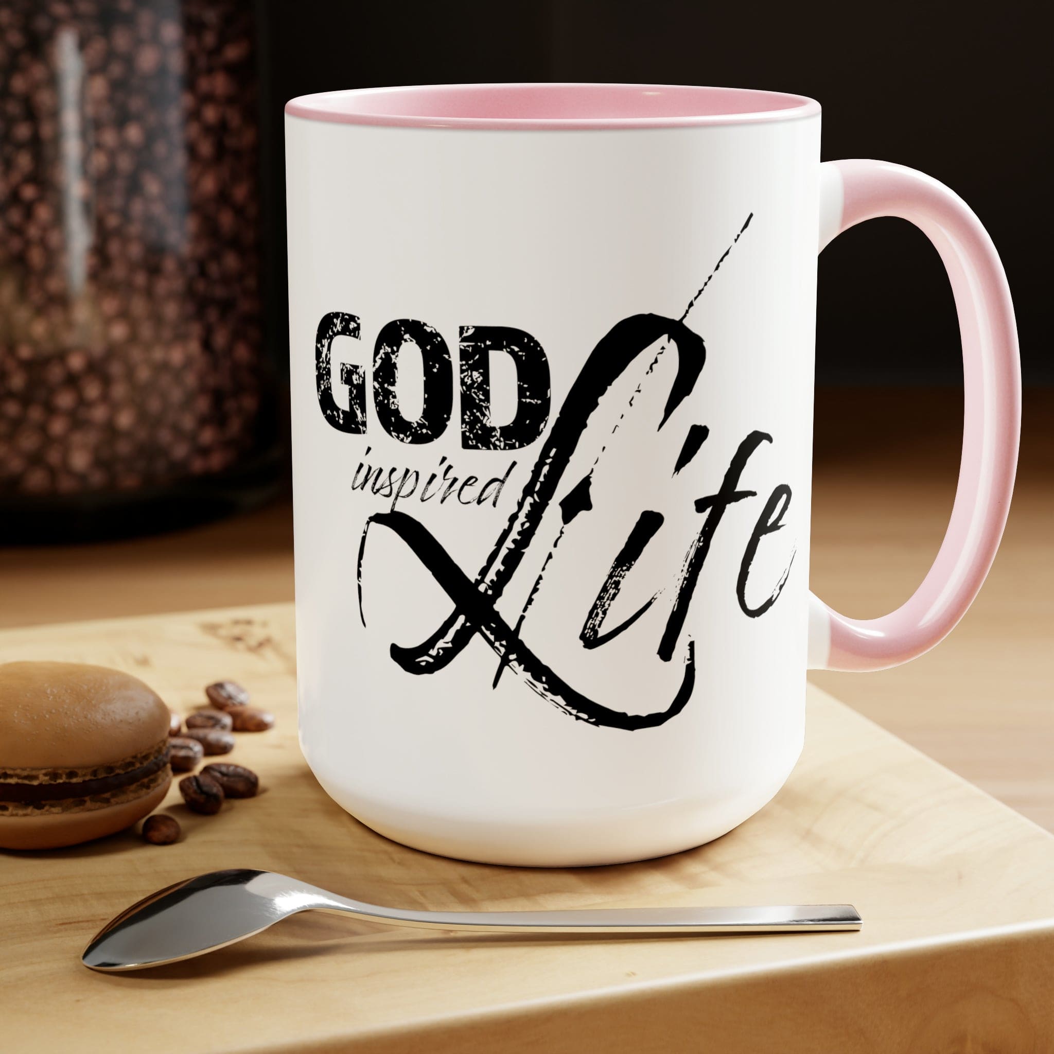 God Inspired Life Black Illustration Ceramic Coffee Mug with a two-tone design, featuring a black illustration on a white background and a colored interior.